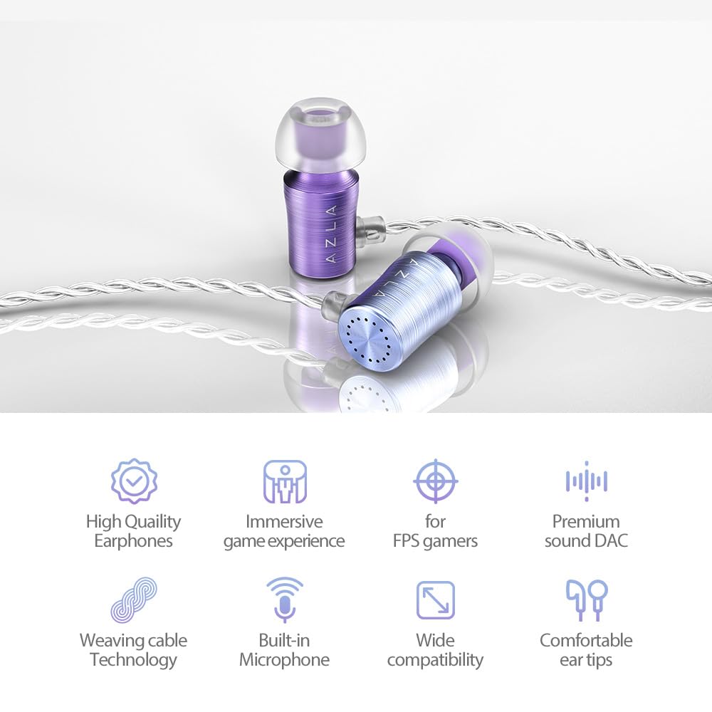 AZLA AZEL Edition G Gen 2 Wired Gaming Earbuds with Microphone - 3.5mm Jack & USB-C Adapter Included - Noise Isolating In-Ear Headphones for PC, Mobile & Console Gaming (Black/PurpleBlue) - Perfect for Competitive Gaming, Streaming & Music Listening