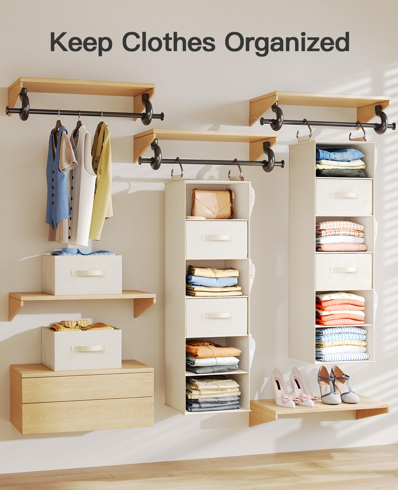 Pipishell 6-Shelf Hanging Closet Organizer with 3 Removable Drawers & Side Pockets - Space Saving Storage Solution for Bedroom, Closet, or Garment Rack - 12