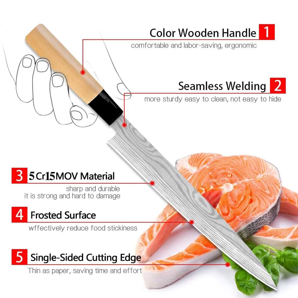 Premium Japanese Sashimi Knife - High Carbon Stainless Steel Left-Handed Chef's Knife for Sushi, Salmon & Precision Slicing - Professional Kitchen Tool for Home Cooks & Sushi Chefs - Ideal for Sashimi Preparation, Fish Filleting & Asian Cuisine