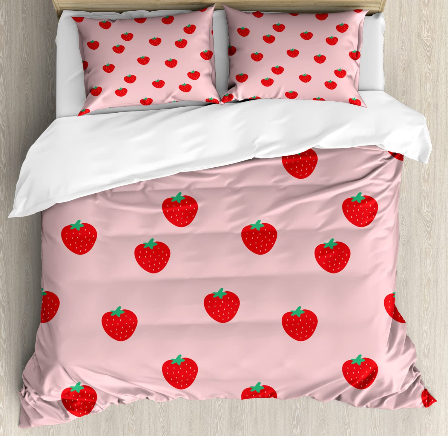 Ambesonne Strawberry Duvet Cover Set - Queen Size 2-Piece Bedding with 2 Pillowcases, Continuous Cartoon Style Summer Strawberry Print in Rose Pink & Green | Perfect for Kids' Rooms, Guest Bedrooms & Summer Home Decor
