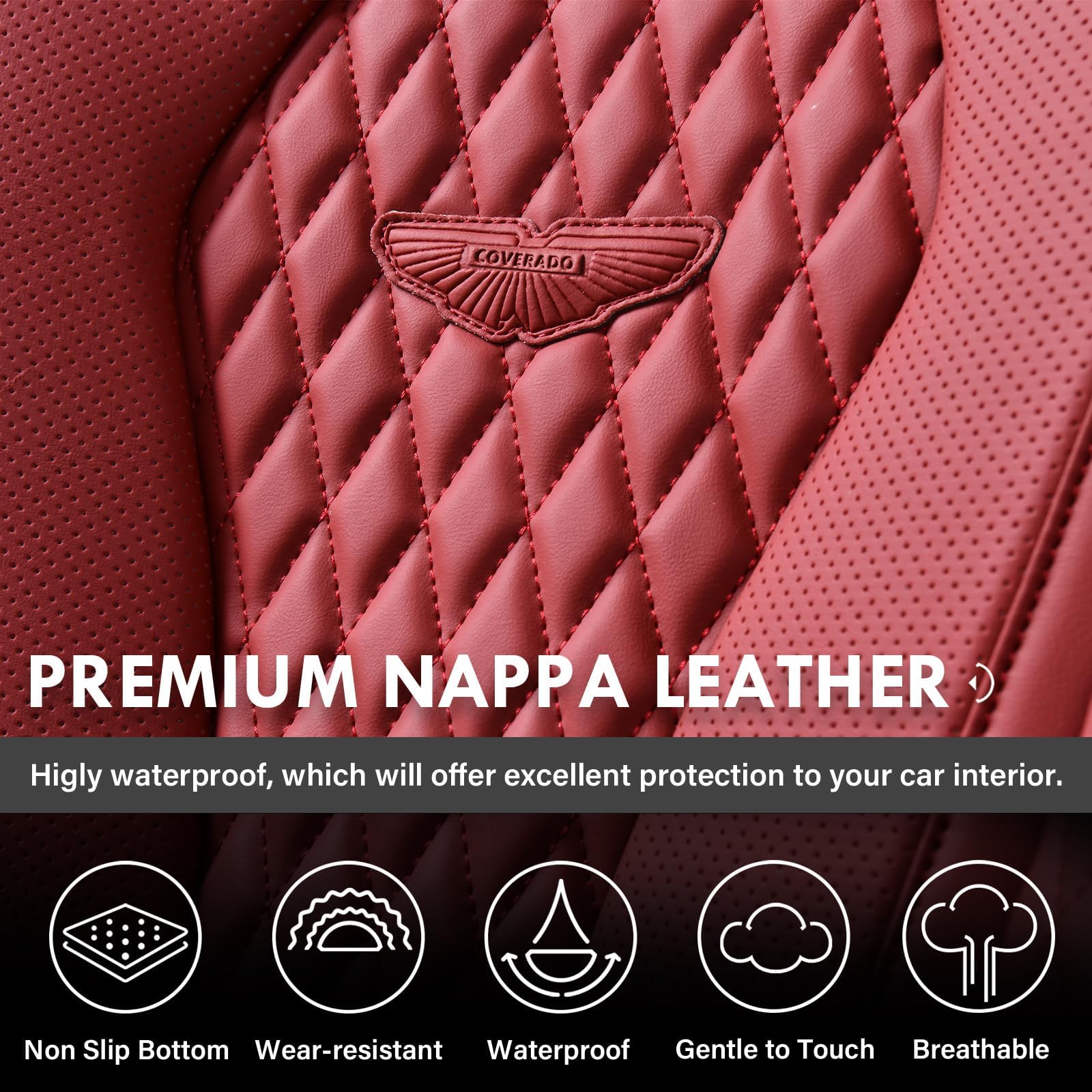 Coverado Universal Car Seat Covers Full Set - Waterproof Leather Seat Protector for Front & Back Seats (Red) | Fits Most Vehicles | Perfect for Daily Commute, Road Trips & Pet Protection