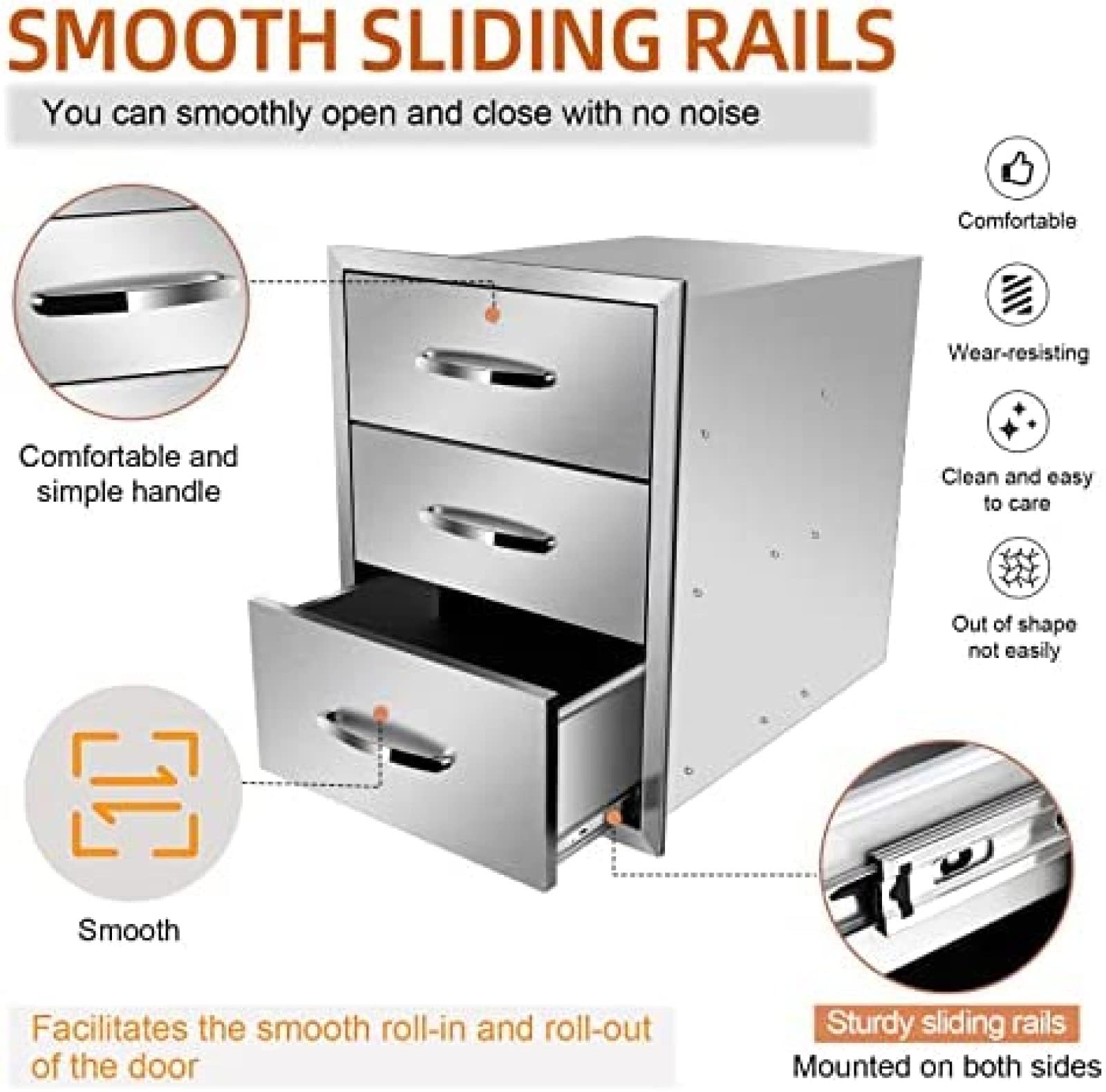 Stainless Steel Outdoor Kitchen Drawers - Flush Mount BBQ Island Drawers with Embedded Handle for Patio Grill Station (18