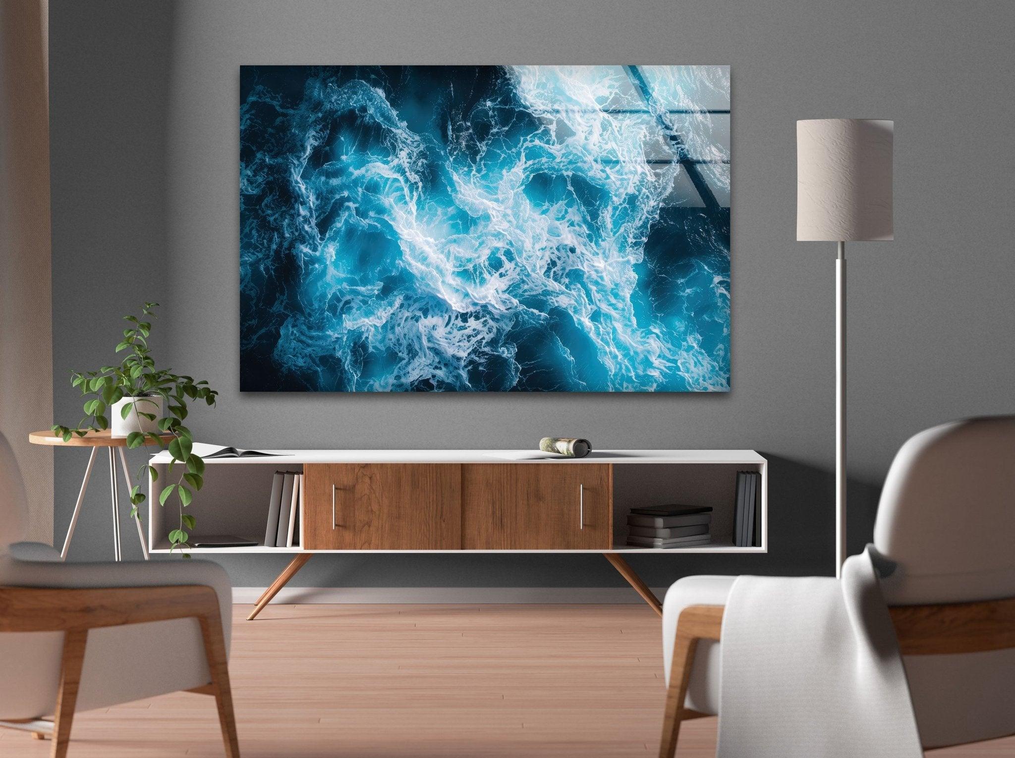Abstract Blue Water Splash Glass Wall Art - Modern Home Decor for Living Room, Bedroom & Office - Unique Handmade Glass Painting for Wall Decoration