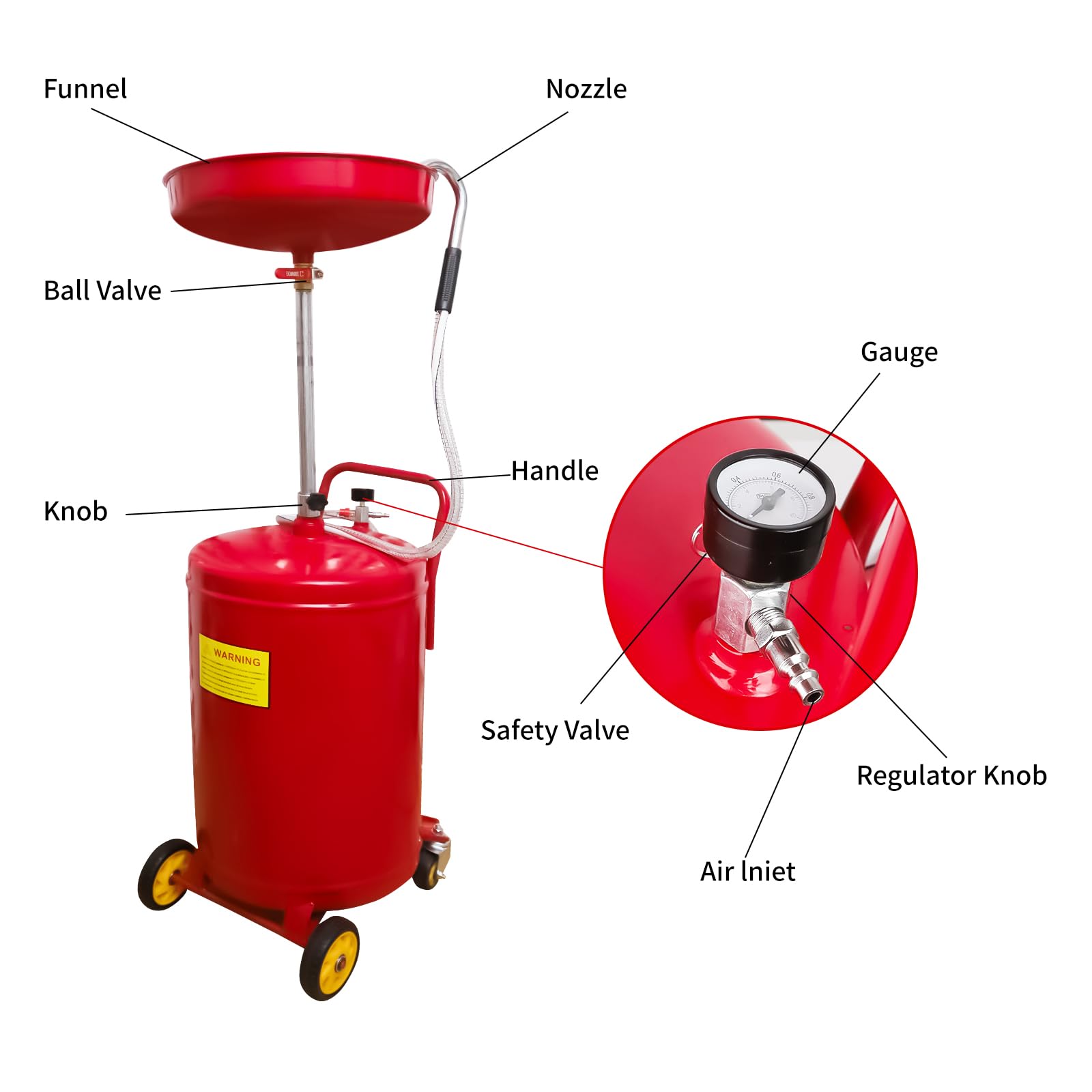 20 Gallon Portable Oil Drain Container - Heavy Duty Waste Oil Drain Tank with Wheels for Easy Transport | Air Operated Drainer for Quick Oil Changes | Adjustable Height Fluid Disposal System | Ideal for Auto Shops, DIY Mechanics & Fleet Maintenance