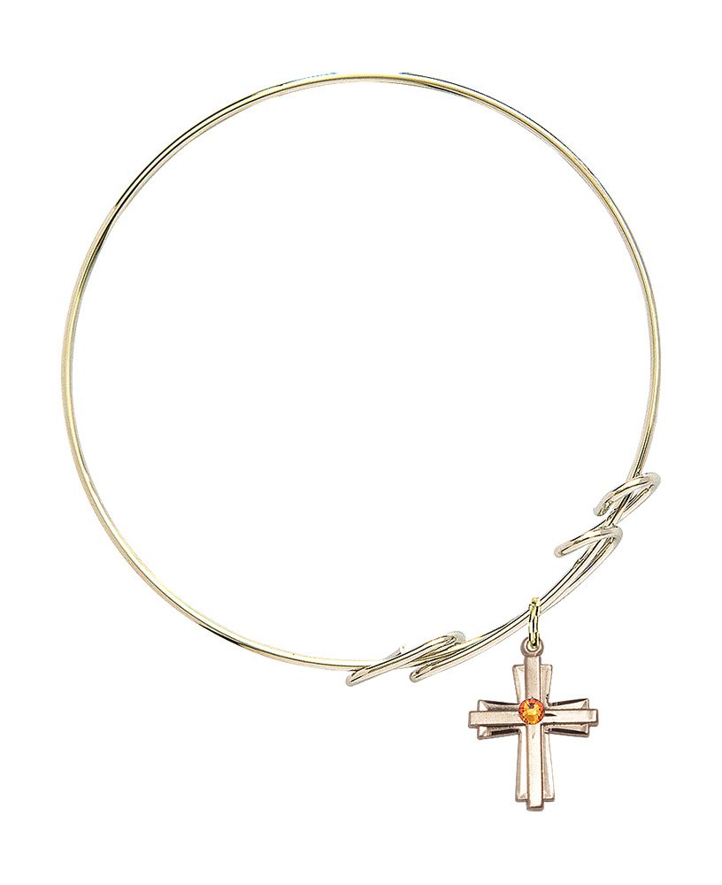 8 Inch Round Double Loop Bangle Bracelet with Cross Medal Charm & November Yellow Crystal - Elegant Jewelry for Women, Perfect for Church, Weddings, and Special Occasions