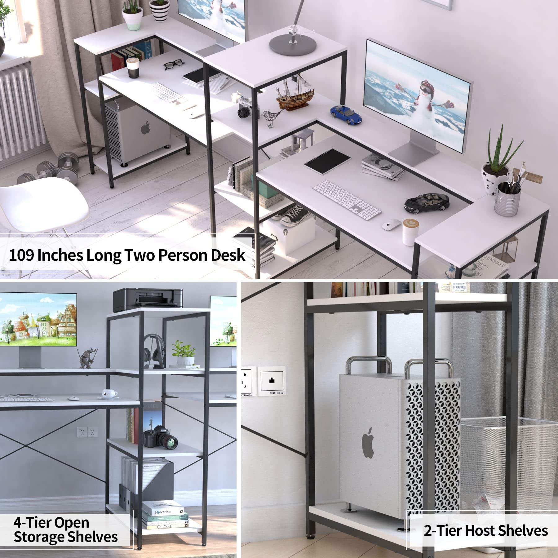 109-Inch Extra Long White Double Computer Desk with Storage Shelves & Monitor Stand - Large Two Person Workstation for Home Office, Study, Writing & Gaming Setup