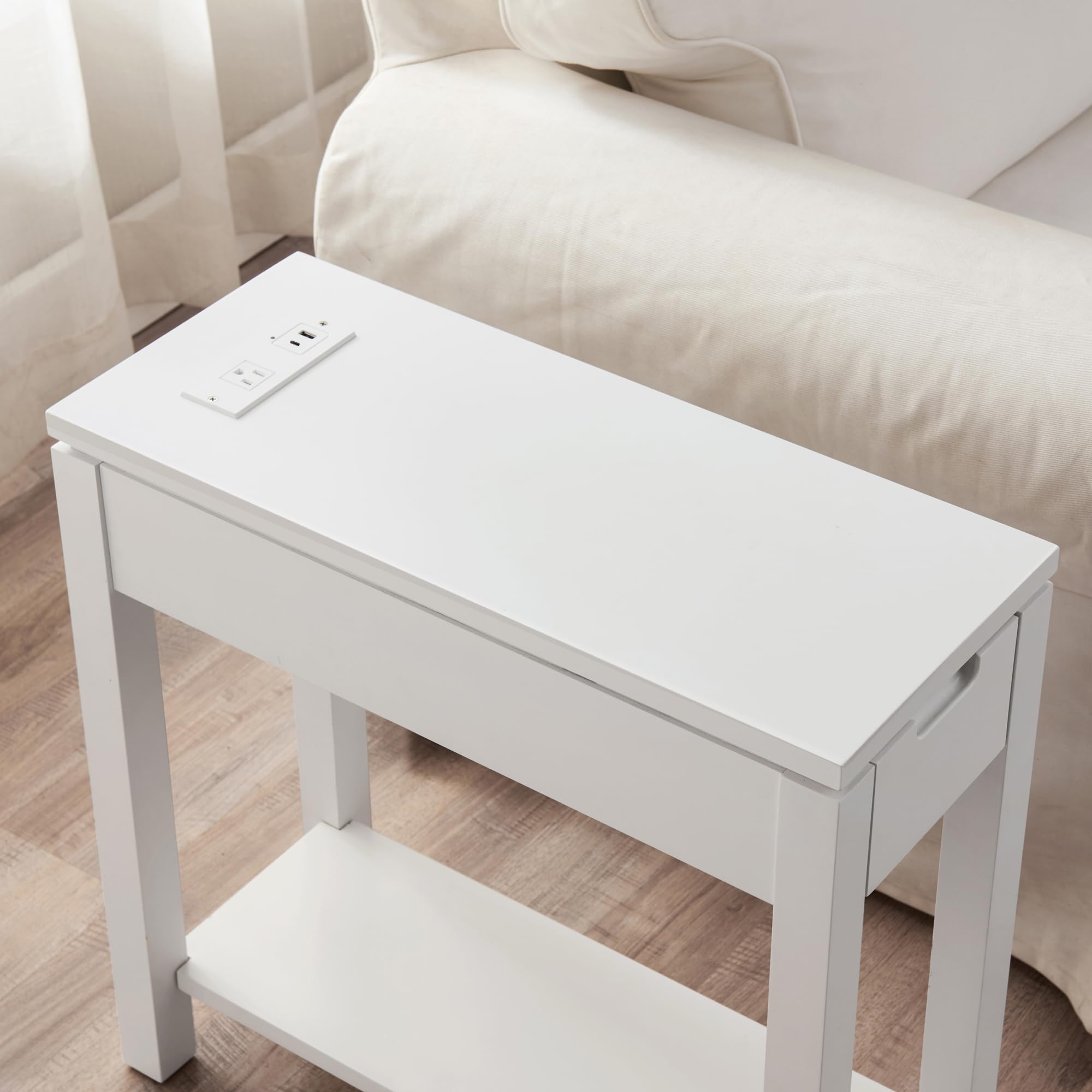 Leick Home 9080-WT White Wooden Side Table with Drawer & Built-in USB-C Fast Charging Station - Perfect for Living Room, Bedroom or Office Charging Needs