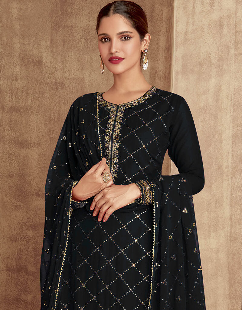 Elegant Black Faux Georgette Palazzo Suit Set for Women - Comfortable & Stylish Outfit for Party, Wedding & Special Occasions