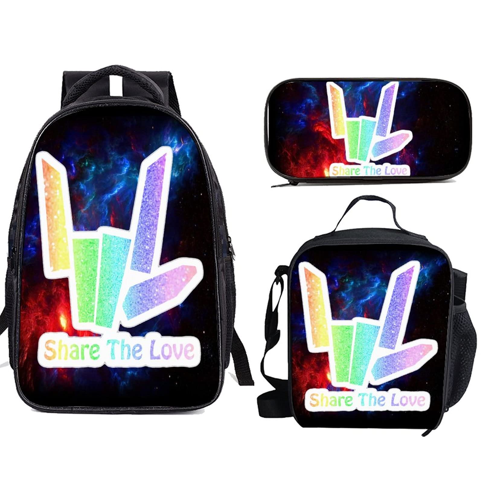 Qinunipoto Share The Love 3-Piece Backpack Set - Travel Backpack, Lunch Box & Pencil Pouch | Perfect for School, Work, Travel & Daily Commute