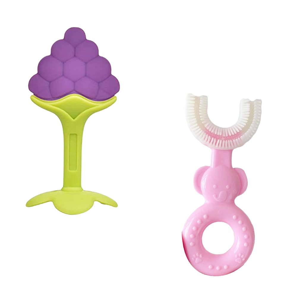 Kritiu Baby Teether & U-Shape Toothbrush Set - BPA-Free Silicone Teething Toys & Infant Toothbrush for 0-12 Months - Safe Teething Relief & Oral Care for Newborns & Toddlers (Blue/Pink) - Perfect for Soothing Sore Gums & Early Dental Hygiene at Home or On-the-Go