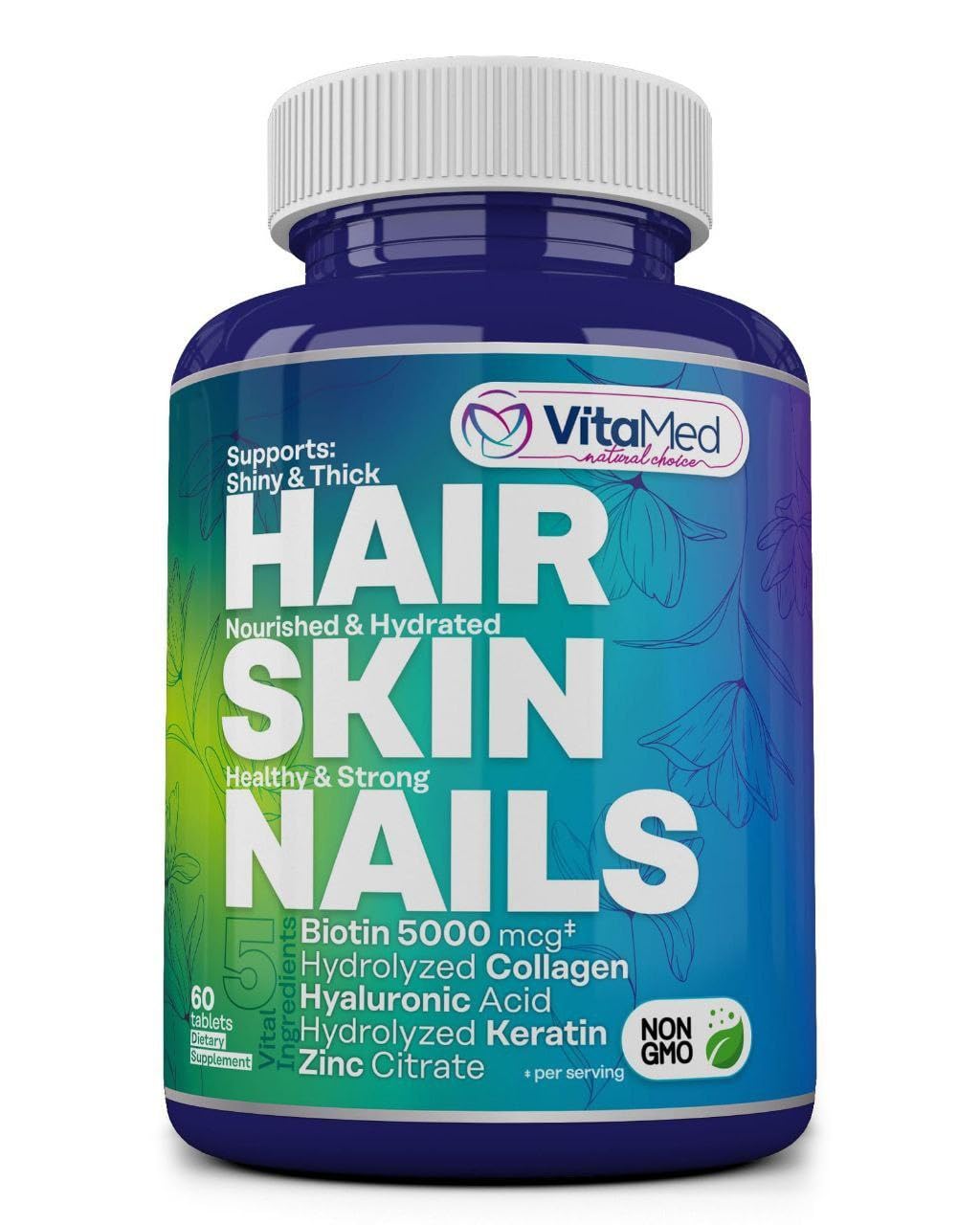 Premium Hair, Skin & Nails Vitamins with Biotin 5000mcg, Collagen, Keratin & Hyaluronic Acid - Supports Hair Growth, Strong Nails & Healthy Skin - 60 Tablets for Women & Men - Perfect for Daily Beauty Supplement Routine