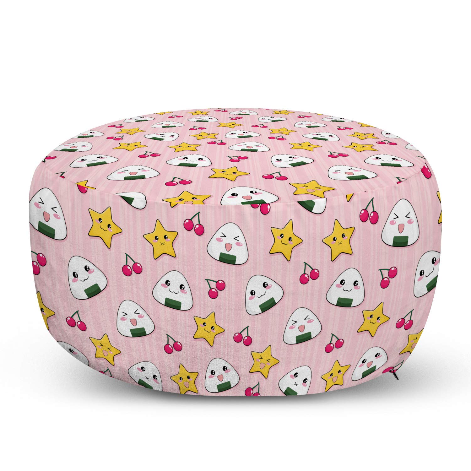 Ambesonne Anime Ottoman Pouf - Japanese Rice Balls, Cherries & Stars Cartoon Print Foot Rest | Soft Decorative Pouf with Removable Cover for Living Room & Bedroom | Perfect for Anime Fans, Home Decor & Cozy Seating