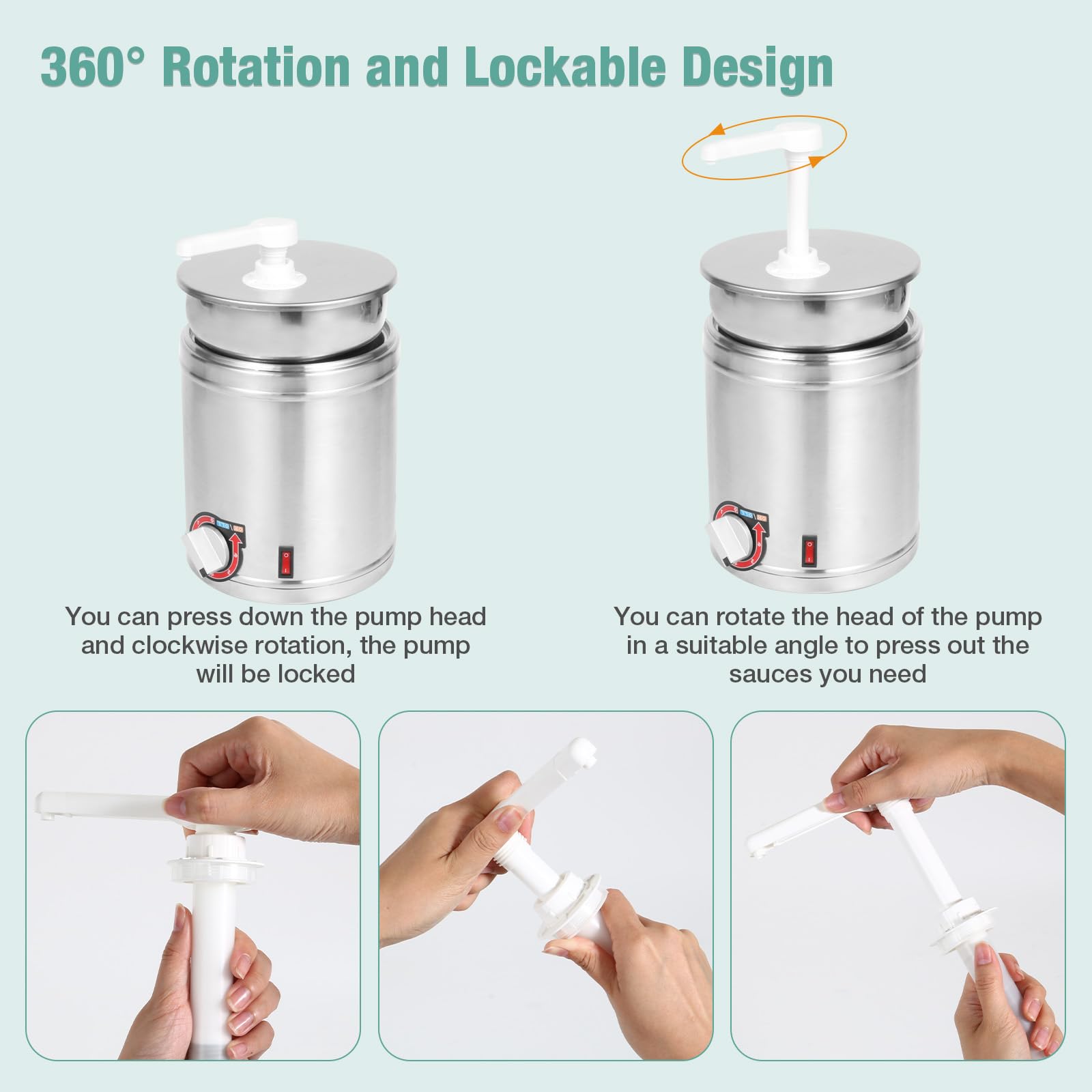 Commercial 4QT Electric Hot Fudge Dispenser with Temperature Control - Stainless Steel Nacho Cheese Warmer with Plastic Pump for Buffets, Bakeries & Kitchens - Perfect for Chocolate Fountain, Caramel Sauce & Dessert Toppings (110V/200W)