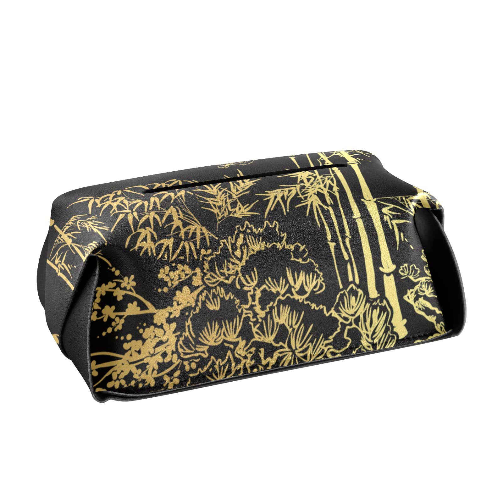 Elegant Gold Bamboo Bird Crane Tree Japanese Chinese Style Leather Tissue Box Cover - Black Rectangle with Handle for Bathroom, Home, Office & Car (9.4x5.1x3.6 in) | Perfect for Nightstands, Vanity Countertops & Desks