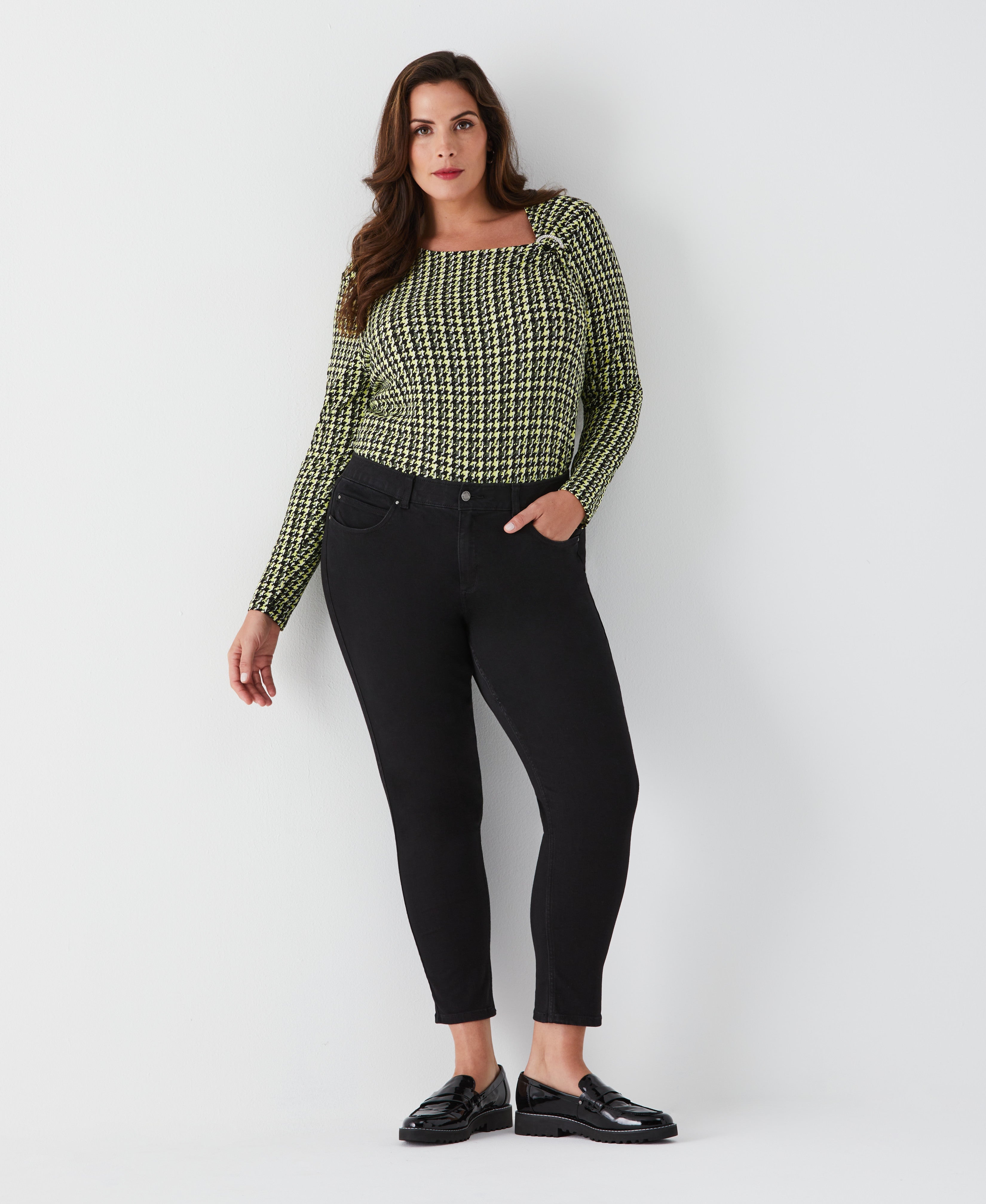 Stylish Plus Size Houndstooth Print Asymmetric Neck Blouse for Women - Office Wear & Casual Outfits
