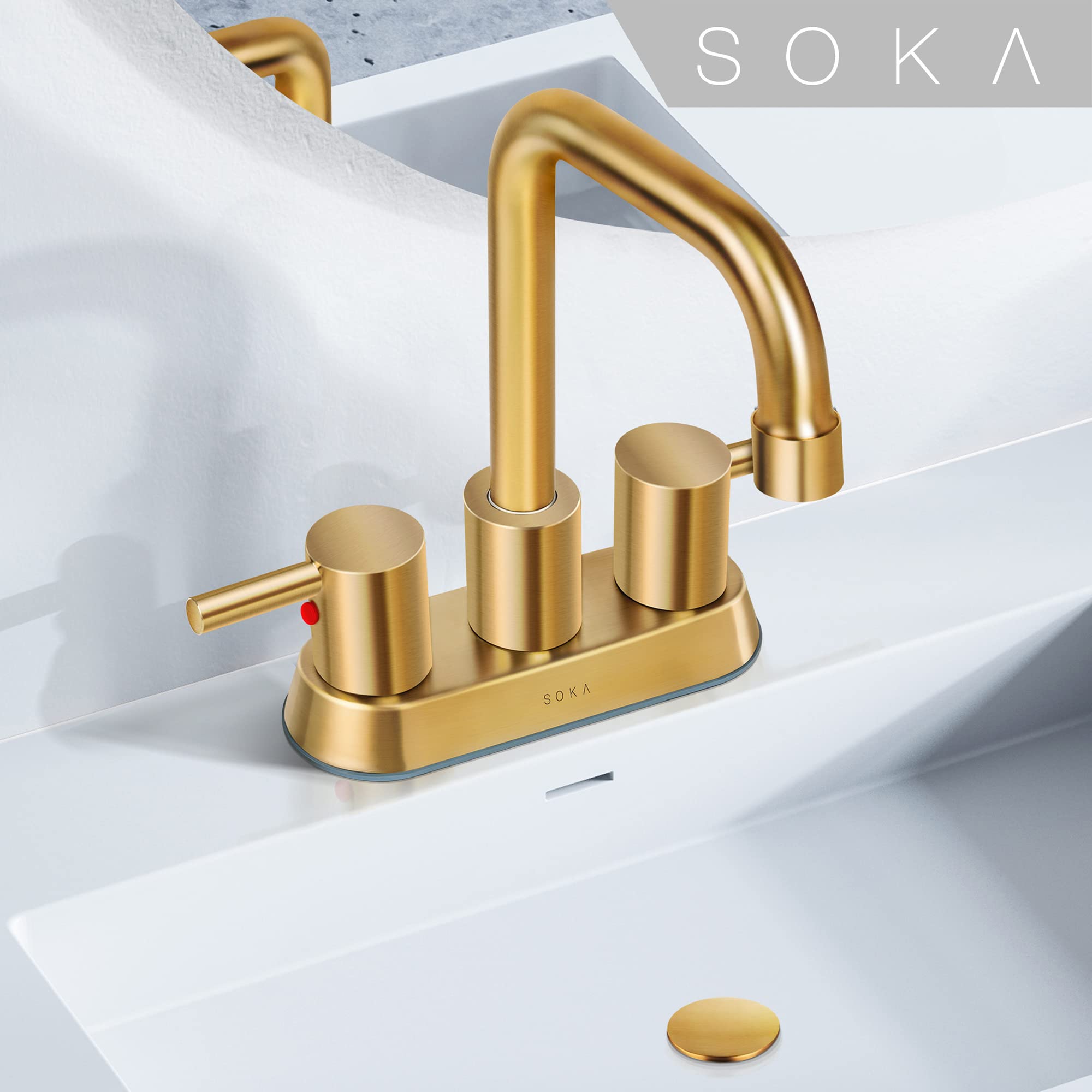 SOKA 4 Inch Centerset Bathroom Faucet - 2 Handle Commercial Hand Sink Touch Faucet with Gooseneck Spout in Gold Finish - Perfect for Restaurant, Salon, and Public Restroom Sinks
