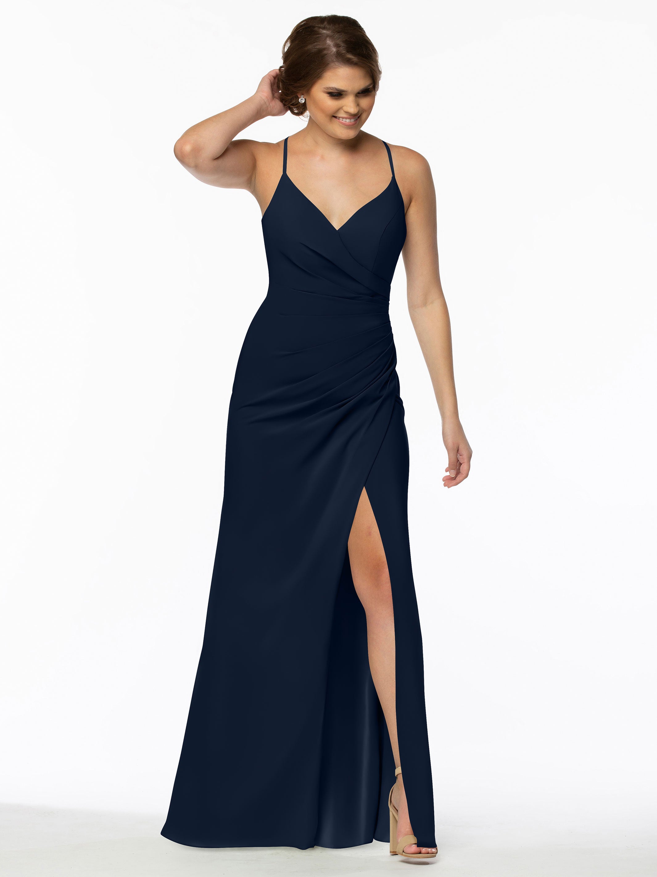 Elegant 80114 Stretch Chiffon Sheath Bridesmaid Dress with Ruching and High Slit - Perfect for Weddings, Formal Events & Evening Parties