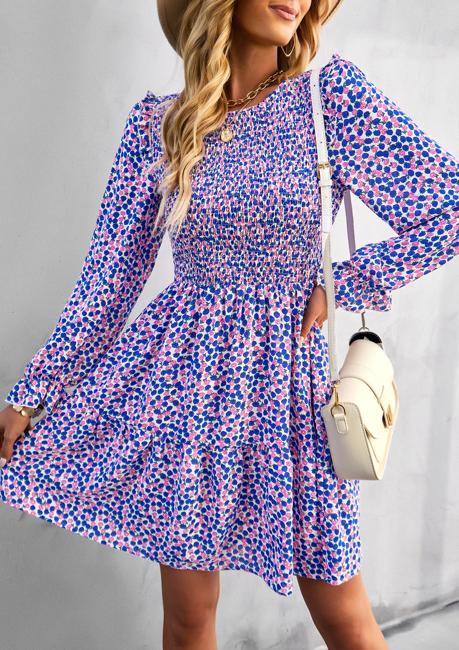 KIRUNDO Women's Floral Smocked Long Sleeve Ruffle A-Line Mini Dress - Spring Summer Party Dress 2025 | Flowy Elegant Outfit for Garden Party, Wedding Guest & Date Night