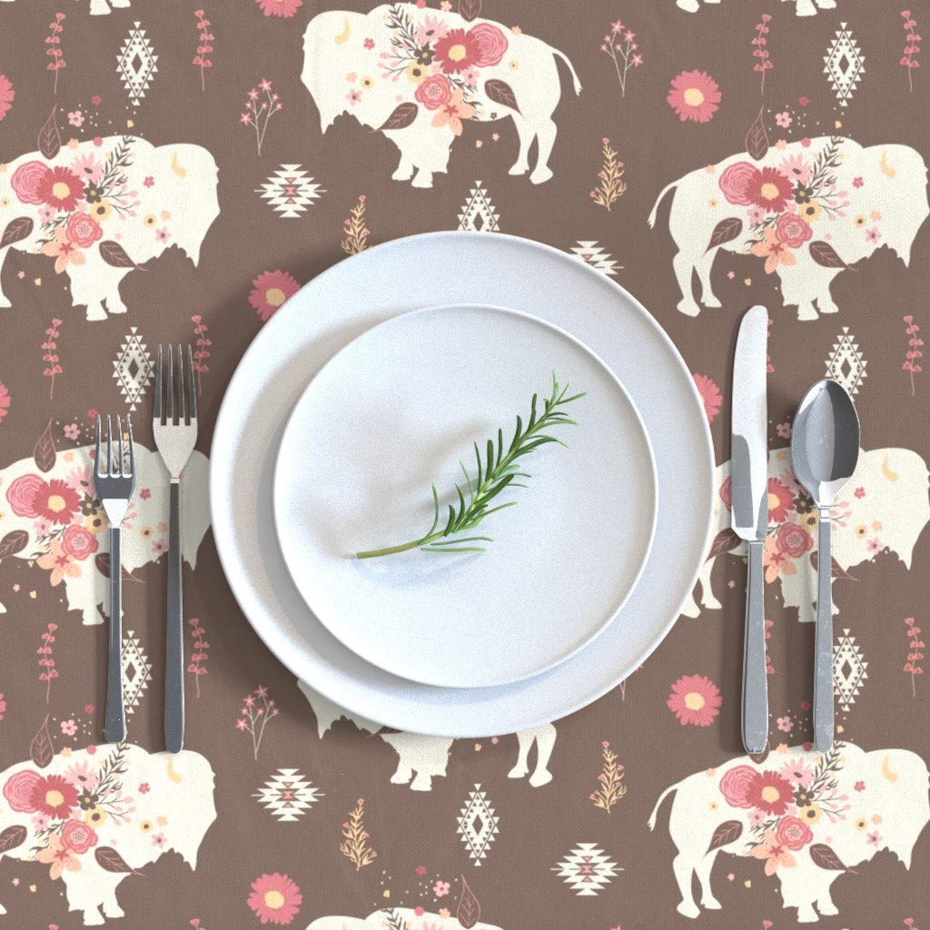 Floral Boho Buffalo Brown Bison Print Cotton Sateen Tablecloth 70x108 Inches - Modern Southwestern Style Custom Table Linens for Dining Room, Baby Nursery & Boho Home Decor