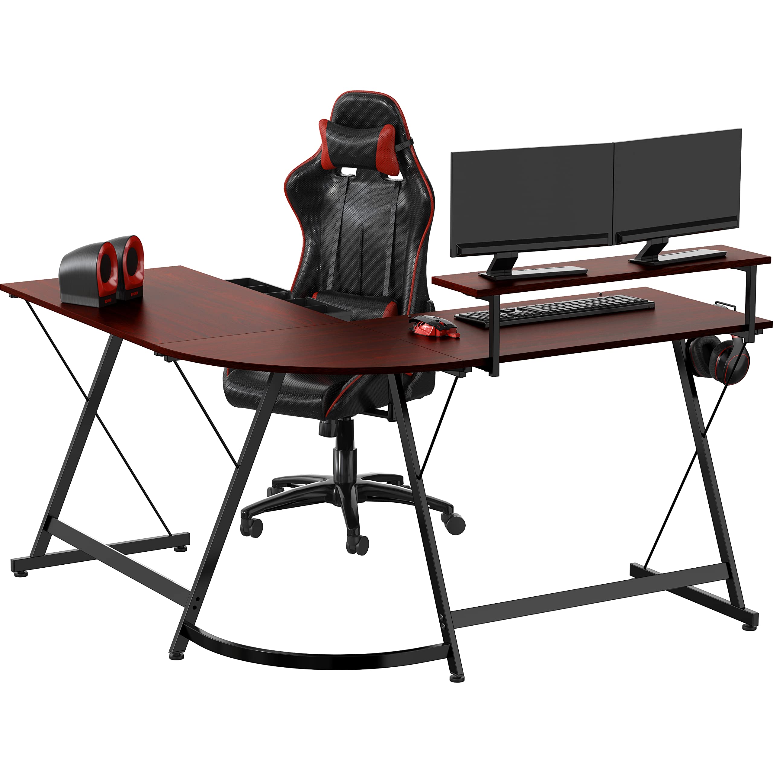 SHW Vista L-Shape Desk with Monitor Stand - Cherry Wood Computer Desk for Home Office, Gaming & Workstation - Ergonomic Corner Desk with Built-in Shelf for PC, Laptop & Dual Monitors