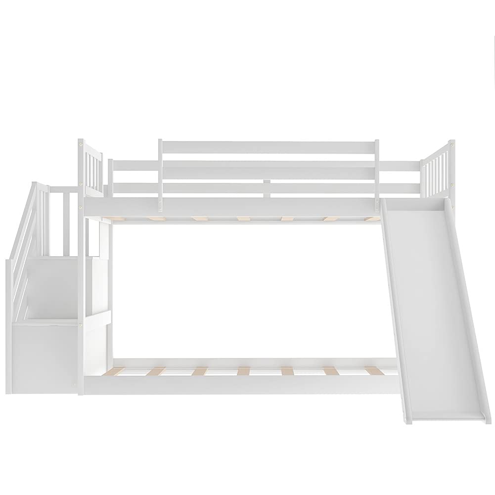 Twin Over Twin Bunk Bed with Slide & Stairs - Solid Wood Convertible Bunk Bed with Safety Guardrail, No Box Spring Required - Perfect for Kids' Bedroom, Guest Room or Vacation Home (White)