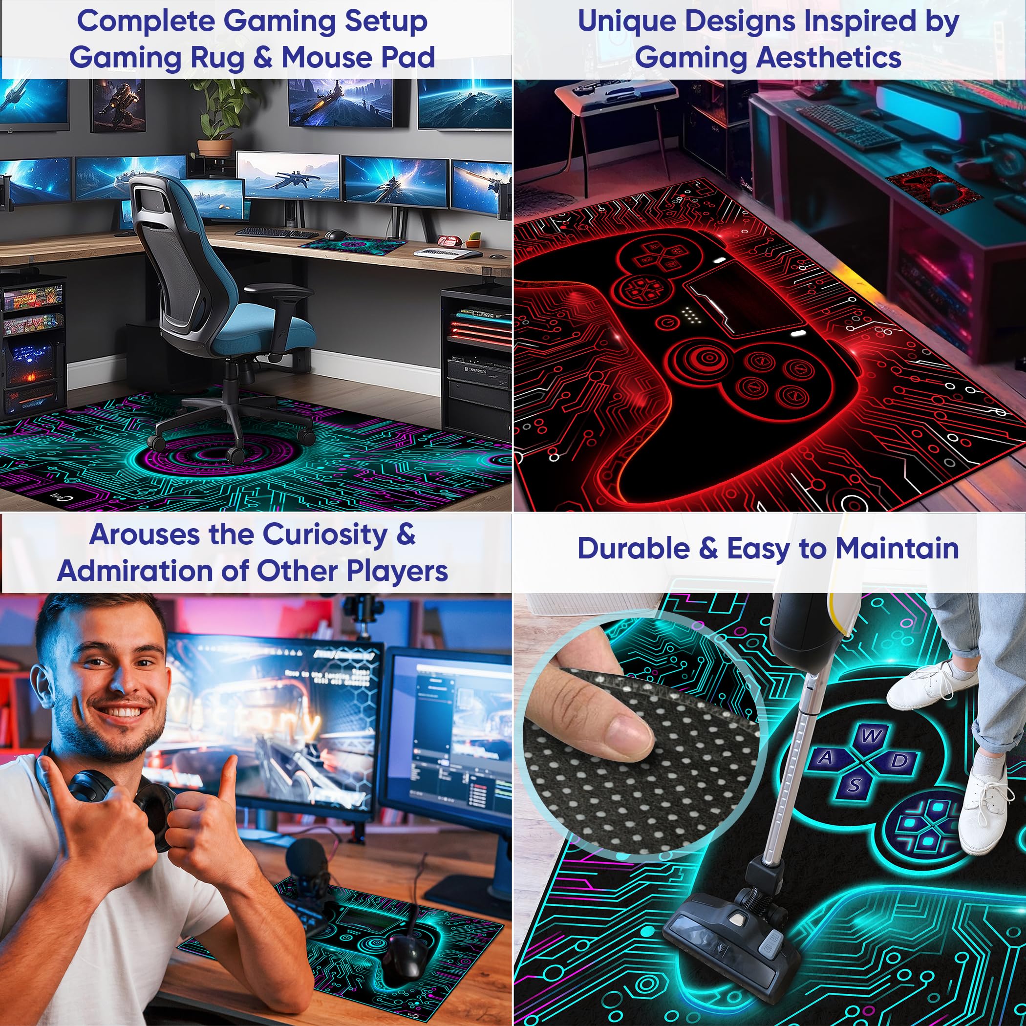 Gaming Rug and Mouse Pad Set - Circuit Design Gamer Carpet, Game Room Rug, Video Game Mat for PC, Console, and Esports Setup