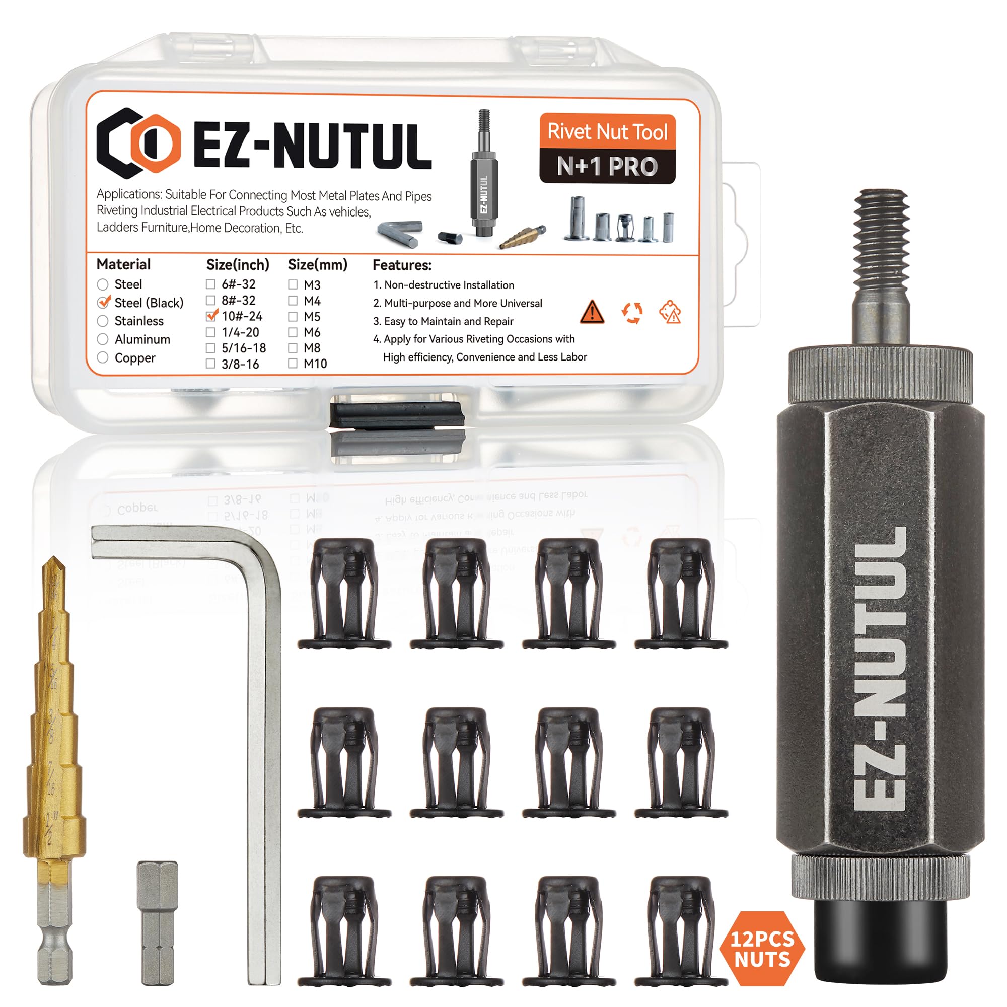 Jack Nut Installation Tool Set - Hand Thread Insert Jacknuts Assortment Kit for Thin Metal, Plastic, Polywood, Pressboard & Hardboard (10-24 Size, 12-Piece Black) - Perfect for DIY Projects, Automotive Repairs & Furniture Assembly