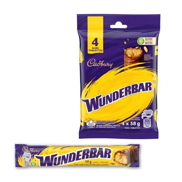 Cadbury Wunderbar Chocolate Candy Bars - 4 Pack (232g/8.18oz) with Ice Pack - Rich Caramel & Peanut Filling - Canadian Import - Perfect for Snacking, Gifts & Party Treats