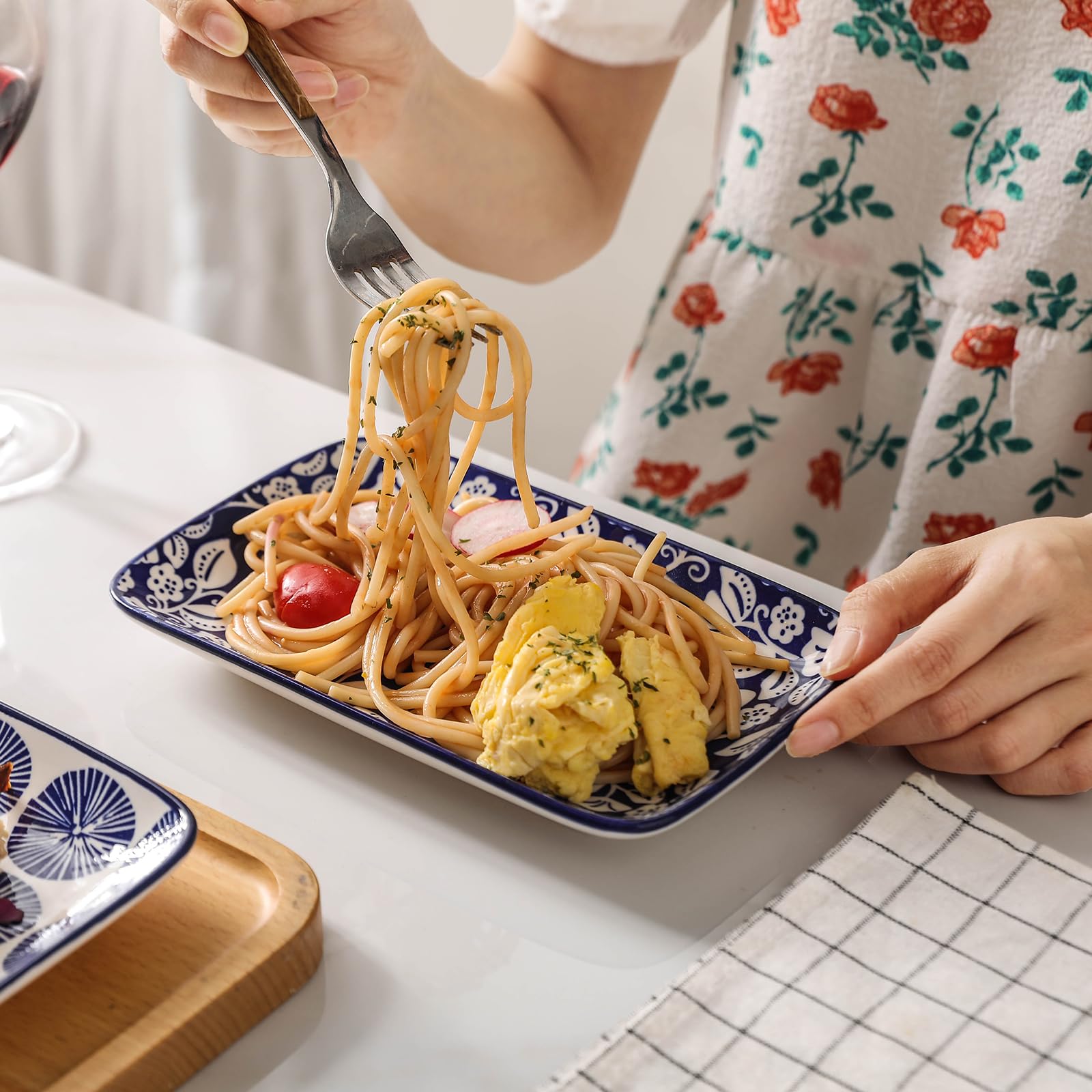 Selamica 8 Inch Ceramic Rectangular Salad Plates Set of 4 - Vintage Blue Small Dinner Plates for Party, Appetizers, Sushi & Dessert | Perfect for Entertaining, Restaurants & Home Dining