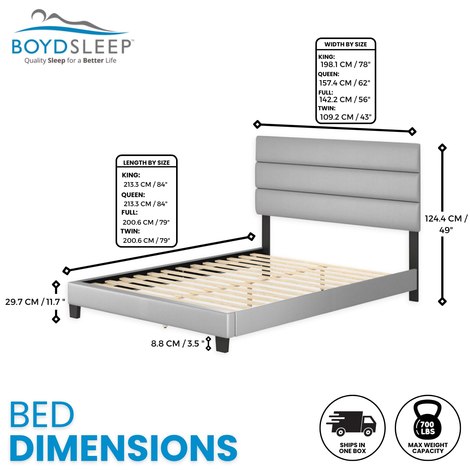 Boyd Sleep Piedmont Blue Vegan Leather Queen Size Platform Bed Frame with Adjustable Headboard - No Box Spring Needed, Easy Assembly, Quiet & Sturdy Mattress Support for Modern Bedroom, Guest Room or Apartment