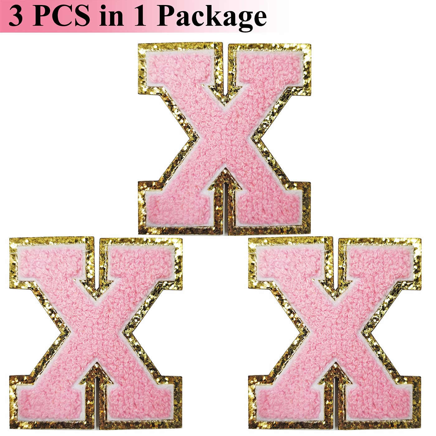 Gold Glitter Iron-On Letter Patches with Pink Chenille - 3PC Varsity Initial Patches (3.1 Inch) - Adhesive Sticker for Team Costumes, Jackets, Bags & DIY Crafts - Perfect for Sports Uniforms, School Spirit & Personalized Gift Giving