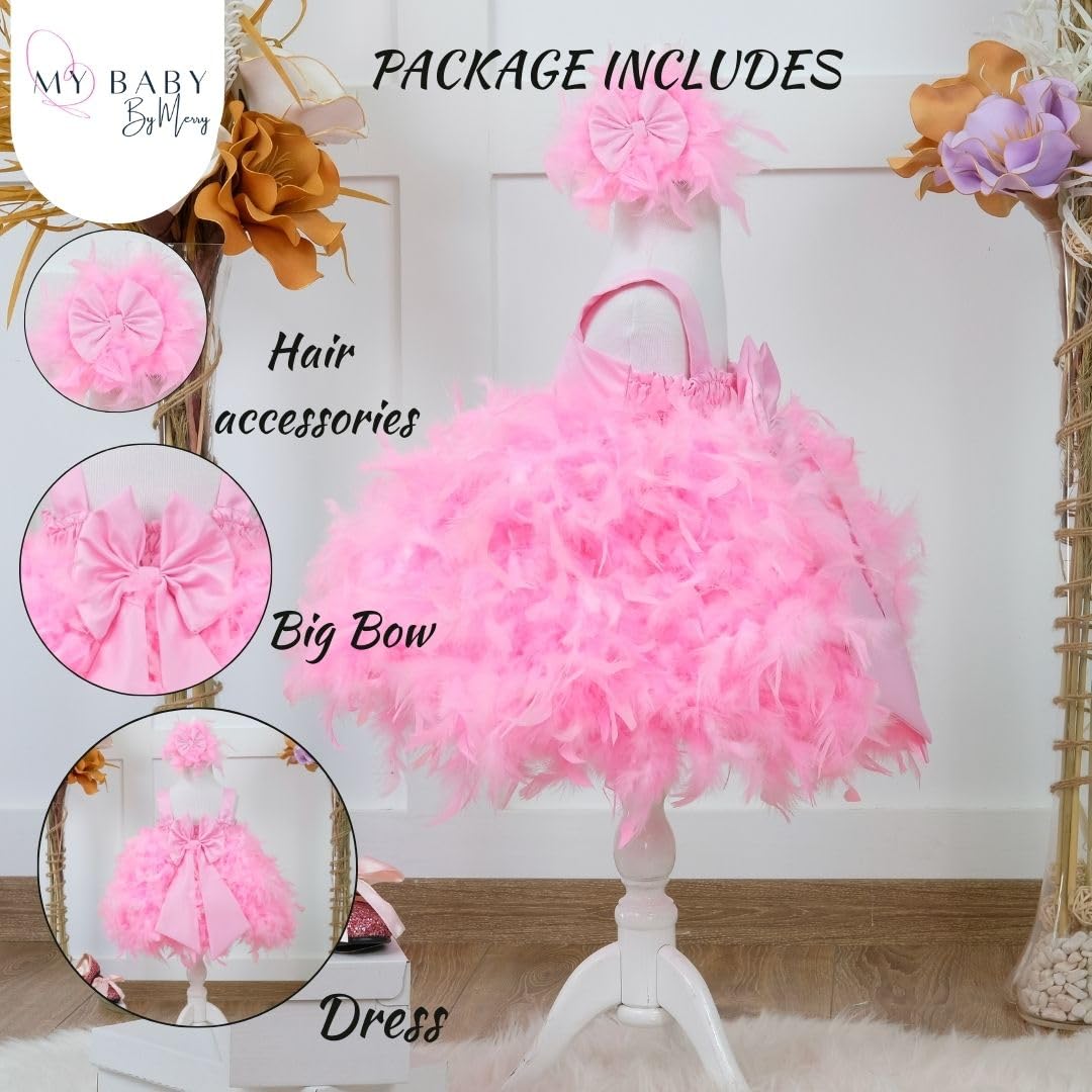 Elegant Pink Feather Cupcake Pageant Dress for Baby Girls 12-18 Months - Sleeveless Floral Maxi Dress for Birthday, Holiday & Special Occasions - Toddler Girl's Fancy Party Outfit