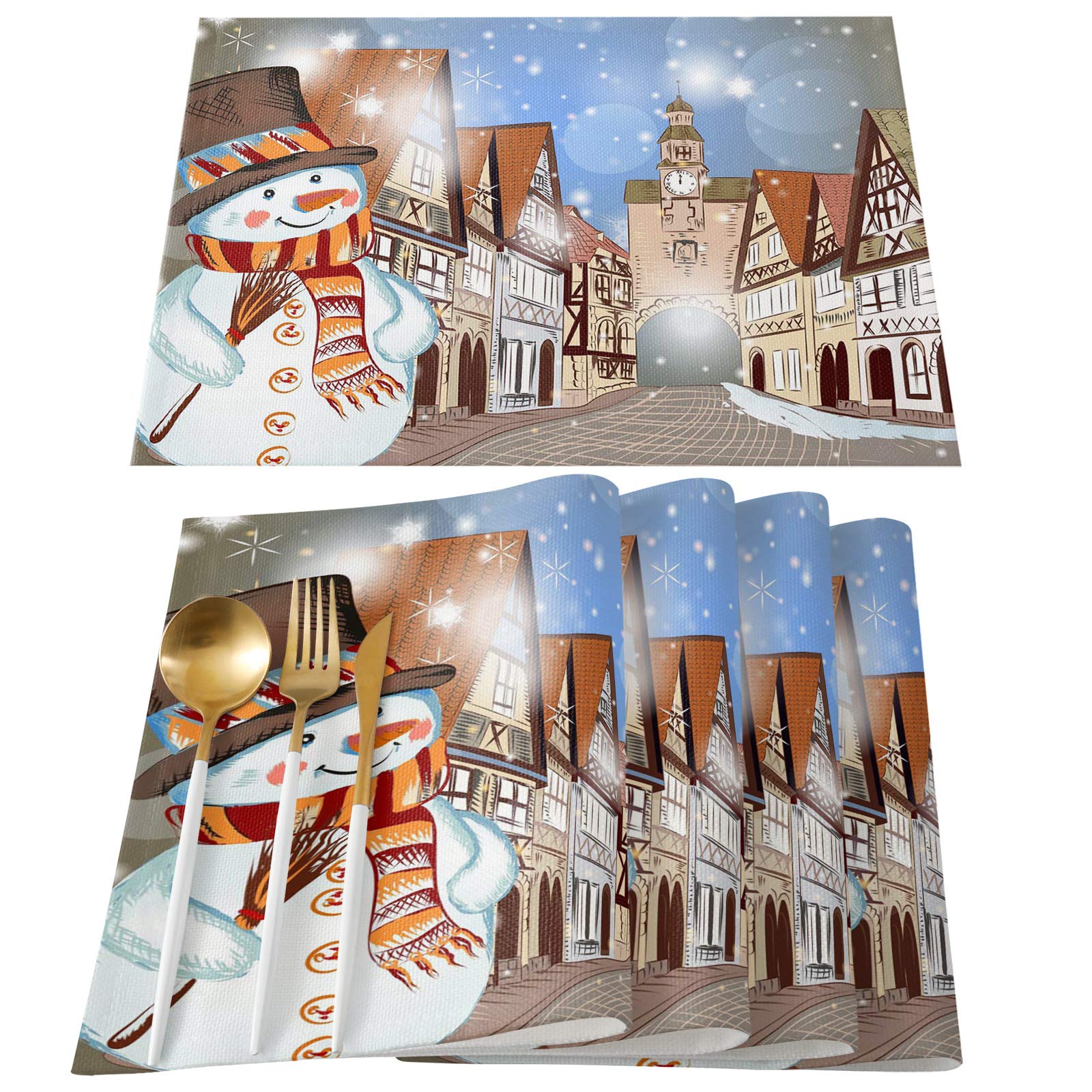 6-Piece Christmas Placemats Set - Non-Slip & Heat-Resistant Table Mats for Holiday Dining - Washable Snowman City Cartoon Design - Perfect for Home Decor, Christmas Parties & Festive Gatherings