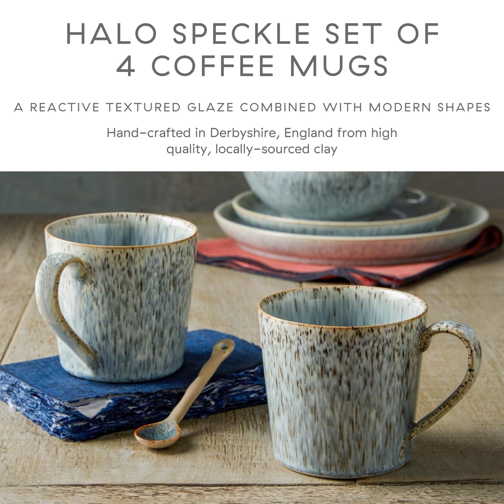 Denby Halo Speckle Large Coffee Mug Set of 4 - 13.5oz Stoneware Tea Cups for Office & Home Use - Dishwasher & Microwave Safe Ceramic Mugs in Grey, Blue & Neutral Colors - Perfect for Coffee, Tea, Hot Chocolate & Soups