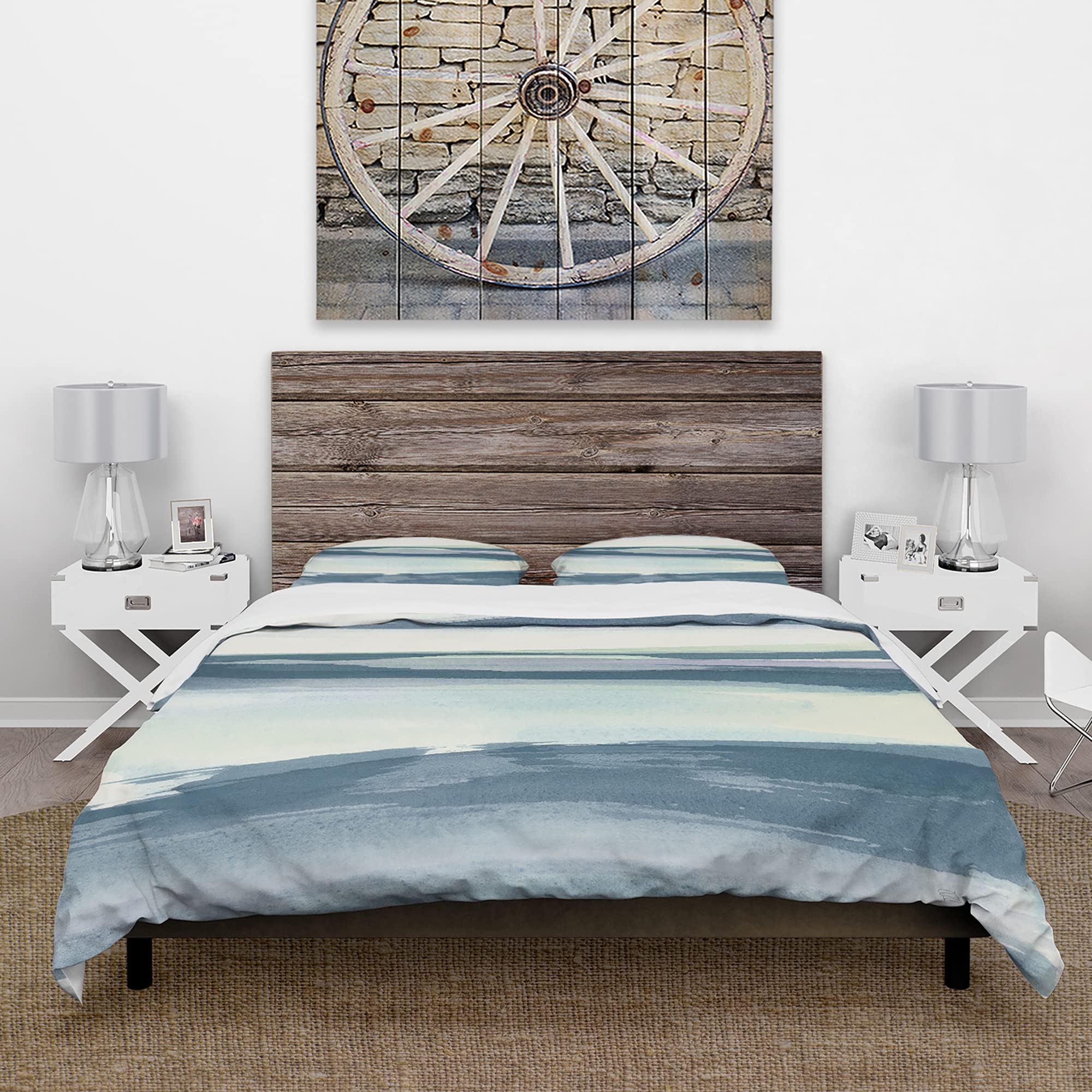 DesignQ Mint Indigo Dawn II Farmhouse Duvet Cover Set - Queen Size Blue Country Charm Bedding (3-Piece) | All Season Soft Cotton Comforter Cover for Cozy Farmhouse Bedroom Decor & Guest Room Styling
