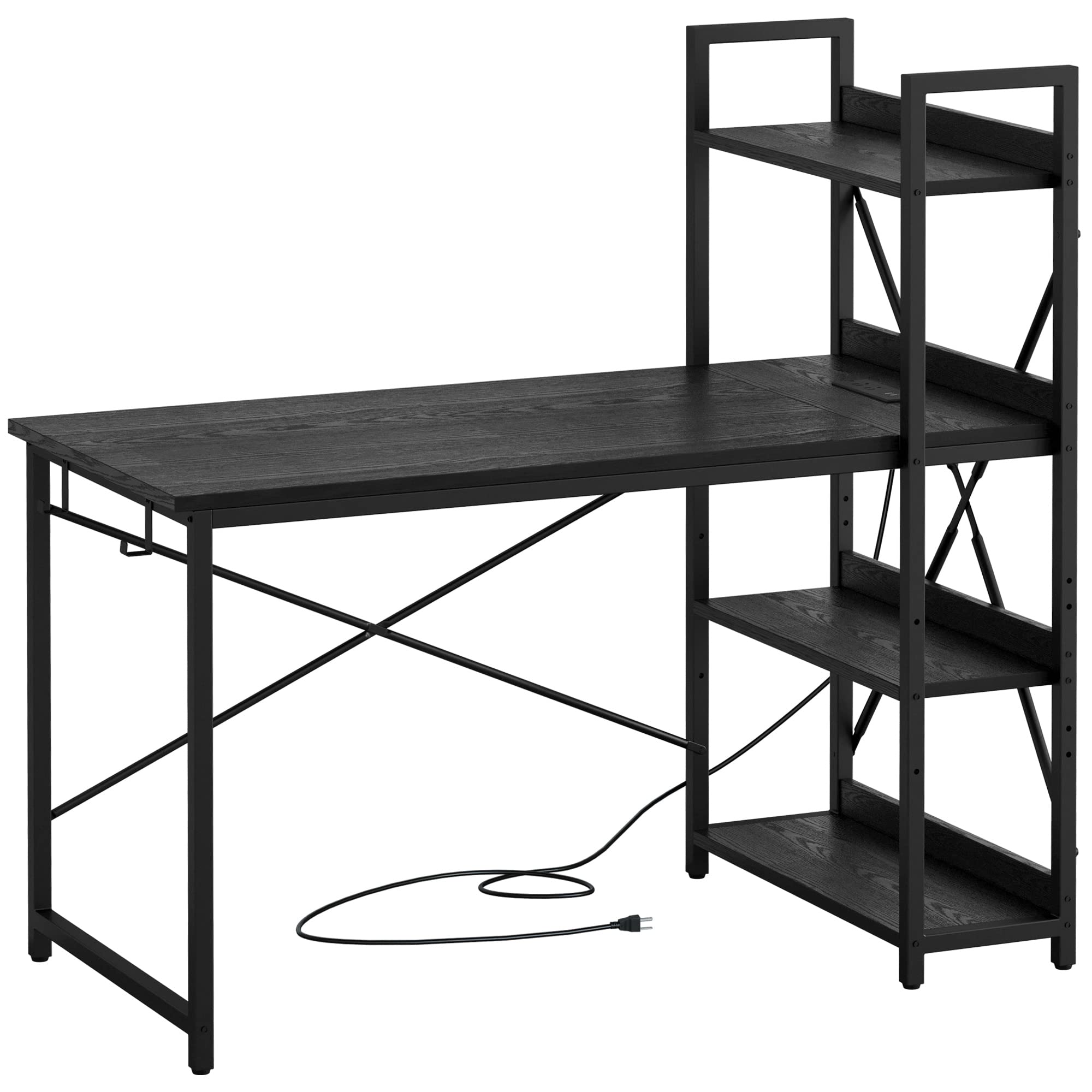 IRONCK 47-Inch Computer Desk with Power Outlet, USB Charging Station & Storage Shelves - Home Office Desk Workstation for Study, Writing, Gaming & PC Work (Black)