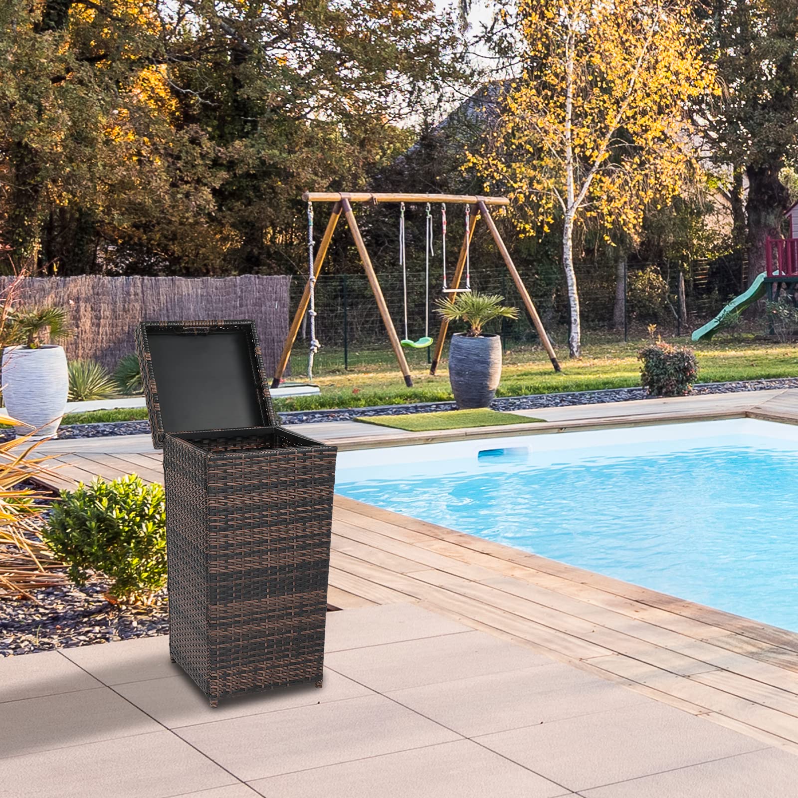 26.7 Gallon Outdoor Waste Bin with Top Cover - Tall Rattan Garbage Can for Recycling & Trash | Perfect for Patio, Garden, Backyard & Deck Waste Management