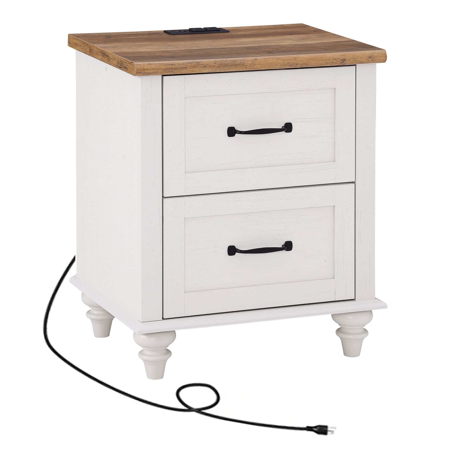 WAMPAT White Nightstand with Charging Station - Mid Century Modern Bedside Table with 2 Drawers - Wooden End Table for Bedroom & Living Room - Perfect for Phone Charging & Bedside Storage