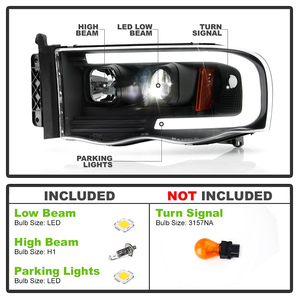 ACANII LED Tube Low Beam Projector Headlights for 2002-2005 Dodge Ram 1500/2500/3500 - Built-in LED, Left & Right Pair - Upgrade Your Truck's Nighttime Visibility for Safer Driving