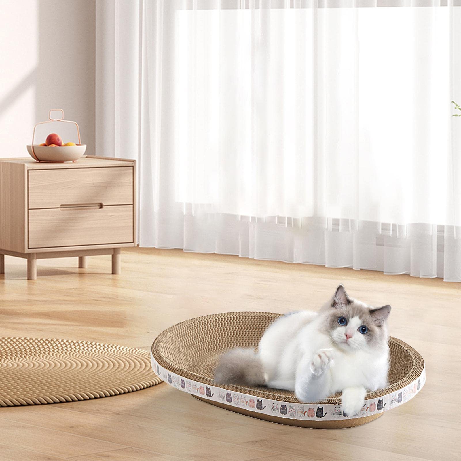 Premium Cat Scratcher Bed - Durable Oval Corrugated Cardboard Scratching Lounge for Cats | Reversible Furniture Protector for Couch & Floor | Eco-Friendly Pet Scratching Pad for Play & Relaxation