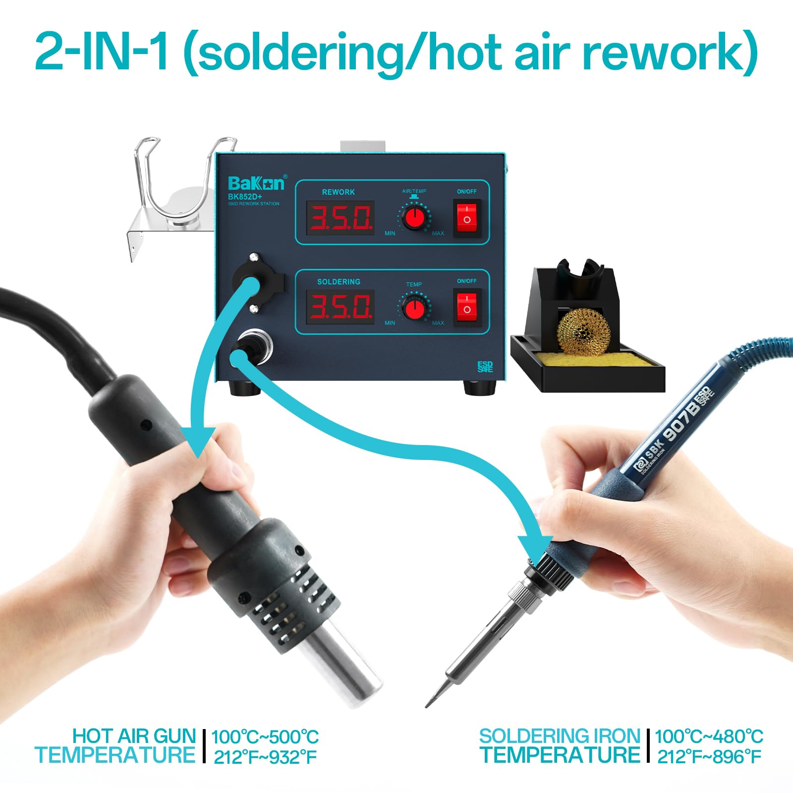 **BK852D+ 2-in-1 Heat Gun & Soldering Iron Kit – SMD Hot Air Rework Station with Digital Display & Adjustable Temperature – Perfect for Electronics Repair, DIY Projects, and PCB Soldering**