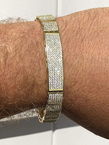 HarlemBling 925 Sterling Silver 14k Gold Plated Men's Iced Flooded Out Bracelet with Icy Micropave Cz - 11mm Wide ID Bracelet for Men - Perfect for Hip-Hop Fashion, Streetwear & Luxury Gifts