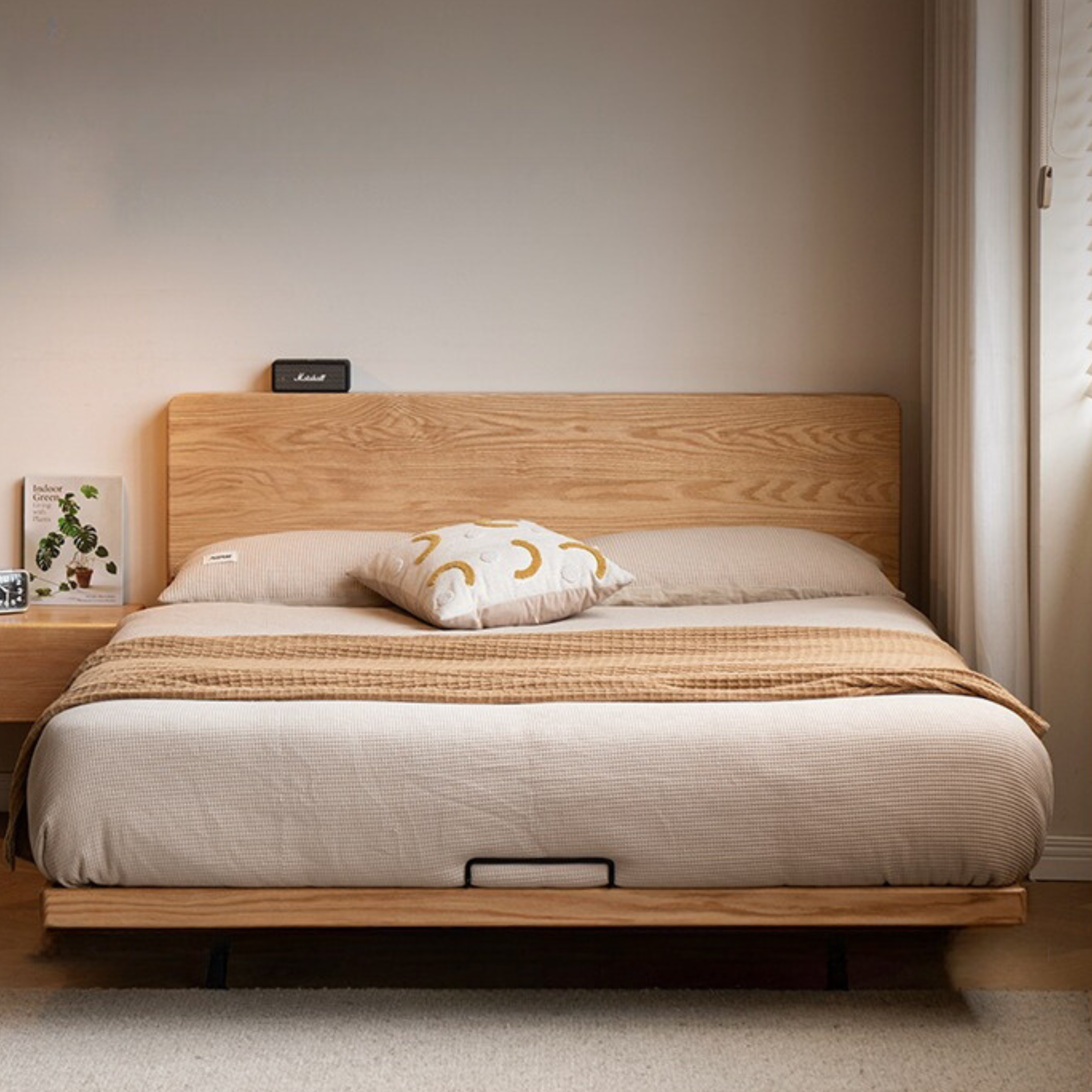 Oak Solid Wood Suspended Bed Frame - Queen Size Floating Platform Bed with Headboard - Modern Minimalist Bedroom Furniture for Loft, Apartment & Small Spaces