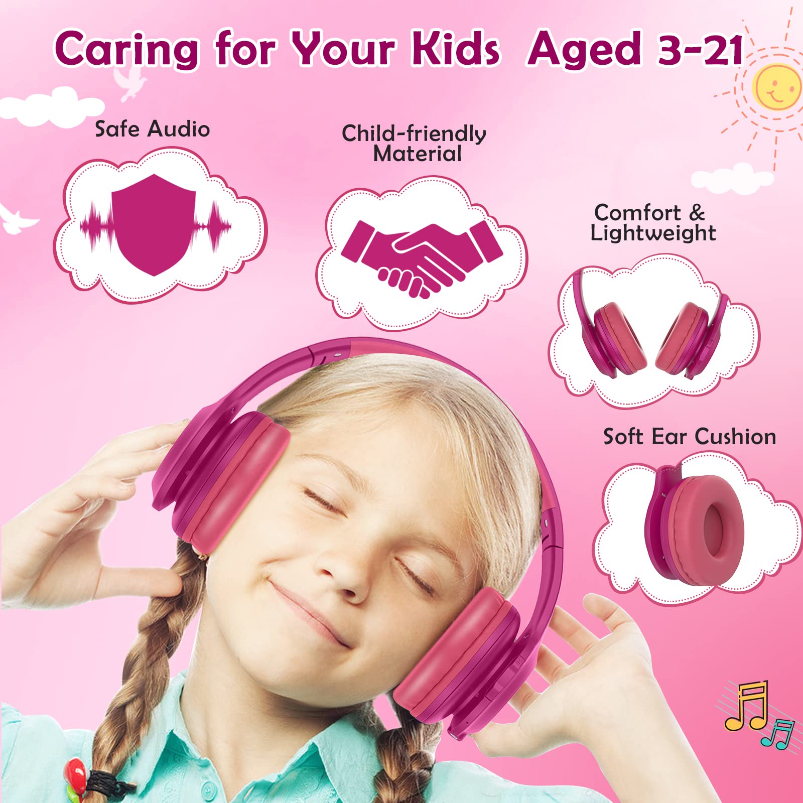 2024 Kids Bluetooth Headphones with LED Lights - Wireless Over-Ear Headset with Microphone, 94dB Volume Limit for Safe Listening - Compatible with iPad, PC, TV, Cellphones - Wired & TF Card Mode - Perfect for School, Travel, Gaming (Hot Red)