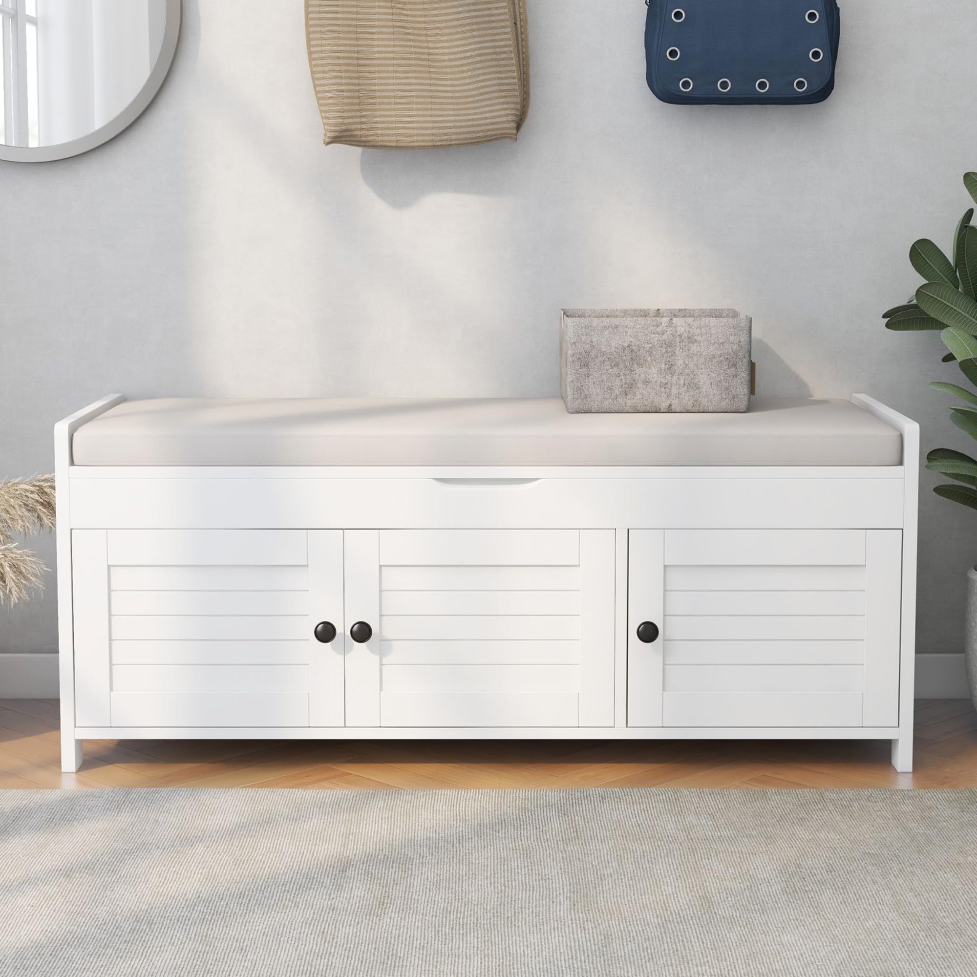 P PURLOVE Storage Bench with Removable Cushion - 3 Shutter Doors & Hidden Storage Space - Entryway Bench for Living Room, Hallway & Bedroom - White - Perfect for Organizing Shoes, Blankets & Home Decor