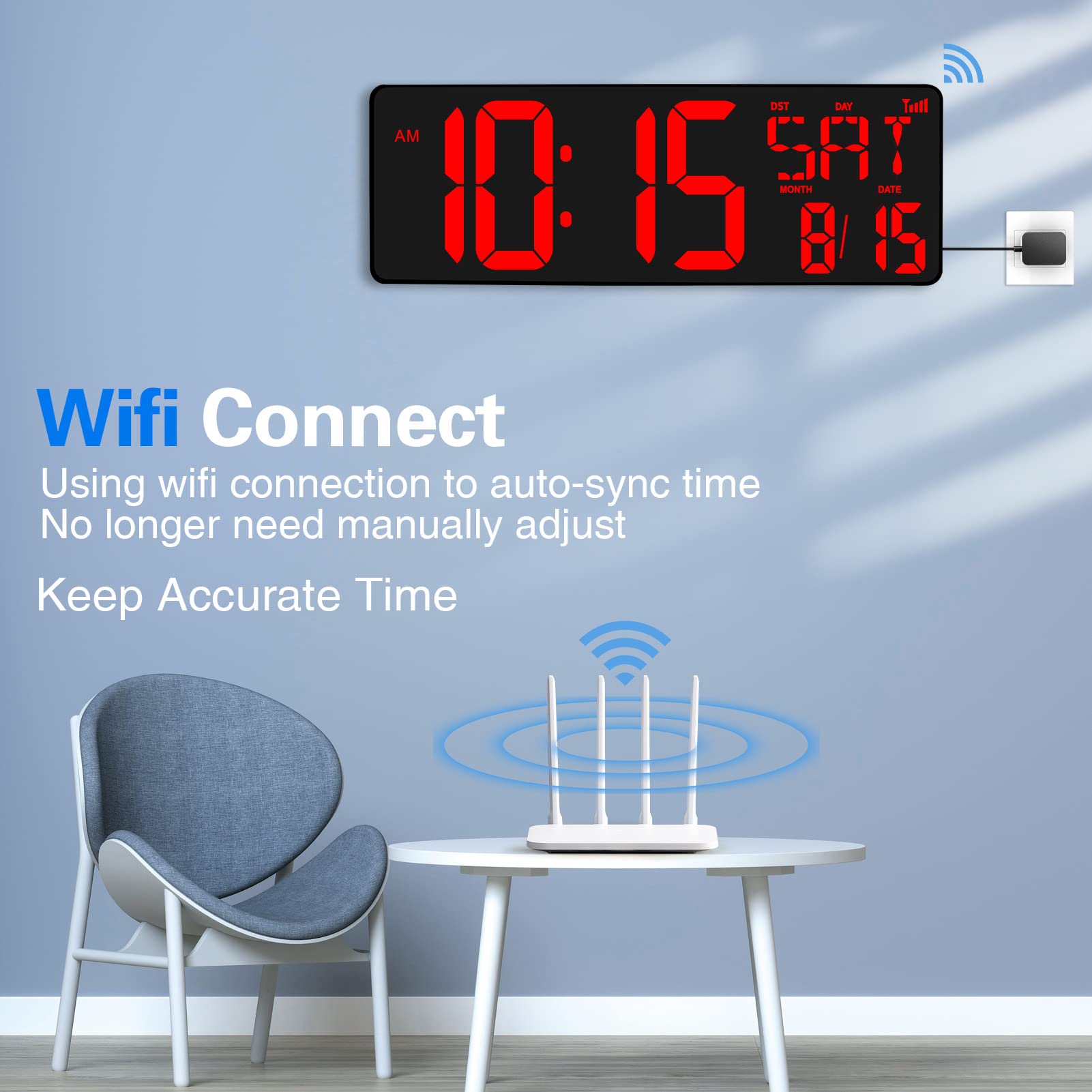 XREXS 16.5 Inch Large Digital Wall Clock with WiFi Sync - Big LED Display Shows Time, Temperature, Date & Week - Remote Control Alarm Clock with Auto-Dimming for Home, Office, Classroom and Bedroom