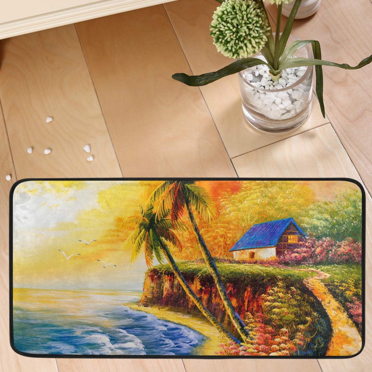 Non-Slip Watercolor Seacoast Landscape Kitchen Rugs - 20x20 Inch Cushioned Anti-Fatigue Floor Mats, Washable for Home, Bathroom & Farmhouse Decor - Perfect for Kitchen Safety, Office Chair Protection and Coastal Style Interior Design
