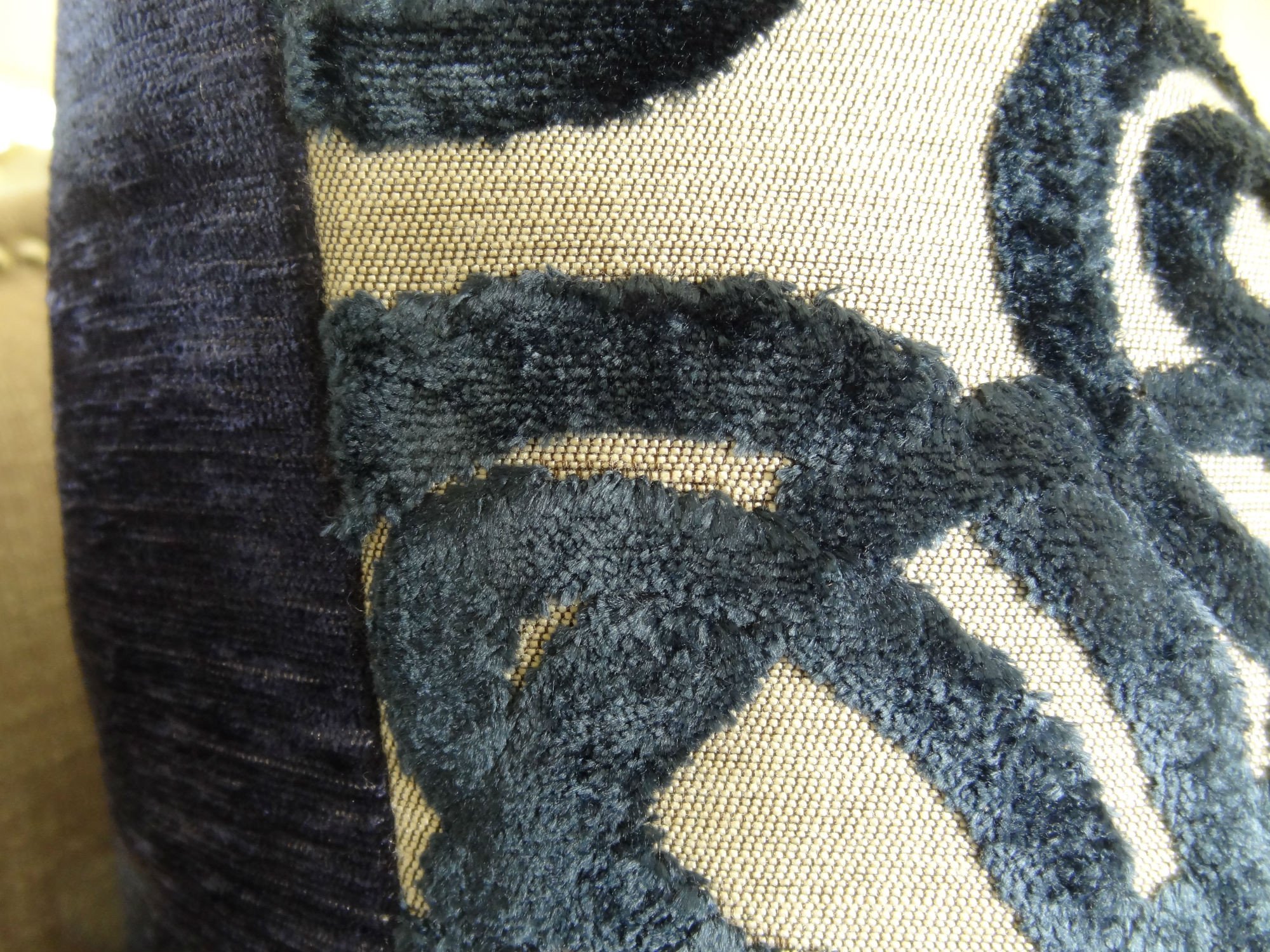 Luxury Navy Velvet Decorative Throw Pillow with Beige Scroll Pattern - Made in USA - Perfect for Sofa, Bed & Home Decor Accent
