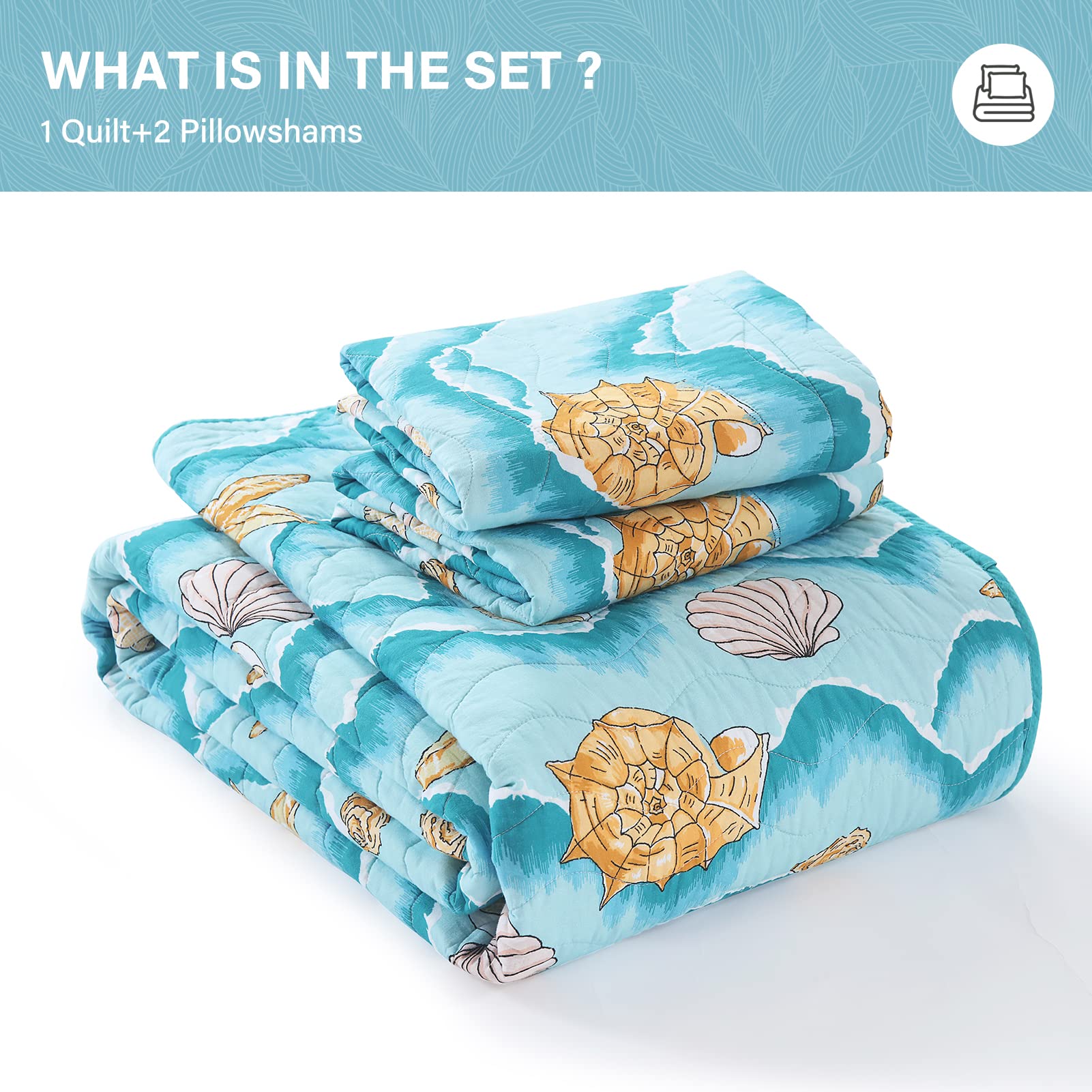 **SahSahCasa King Size Quilt Set - 100% Cotton Reversible Lightweight Summer Comforter - Coastal Blue Bedspread for Adults & Kids - 3-Piece Bedding Set for Bedroom, Guest Room, or Vacation Home**