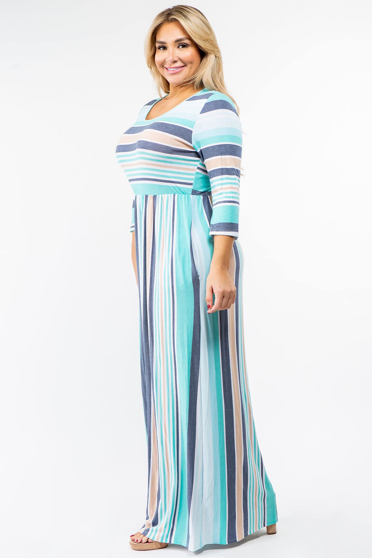 Eloges Women's ¾ Sleeve Contrast Floral & Stripe Maxi Dress - Elegant Summer Beach Dress for Vacation, Party & Casual Wear